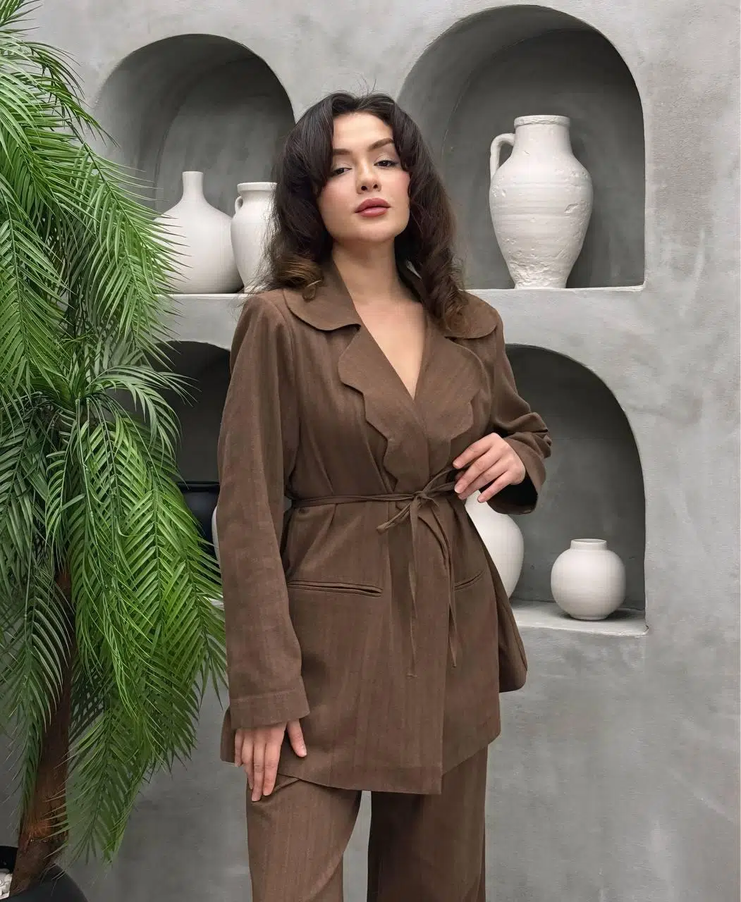 Kadın İkili Kemerli Keten Blazer Takım - Kahverengi