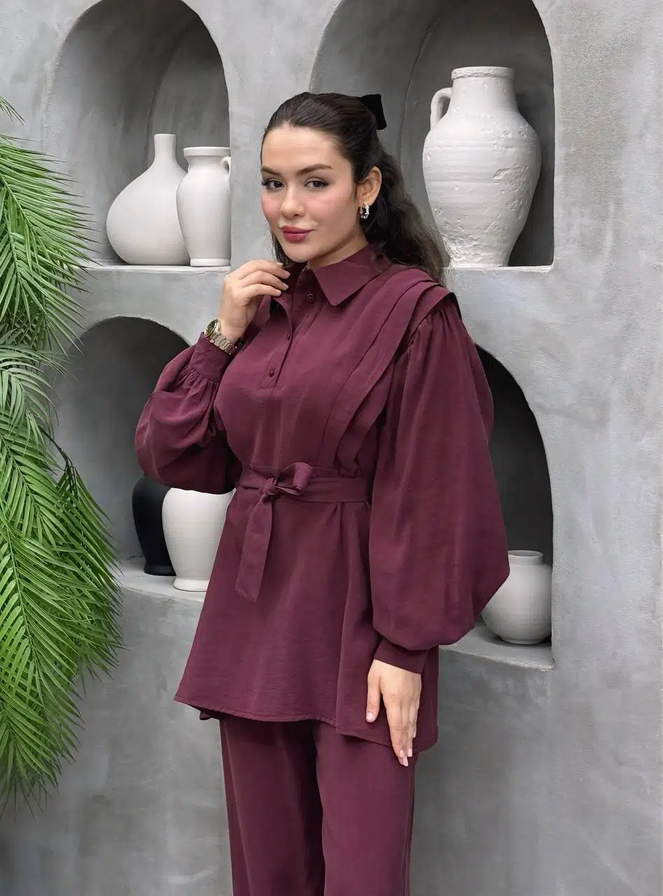 Kadın Önü Drapeli Düğmeli İkili Kemerli Tesettür Takım - Bordo