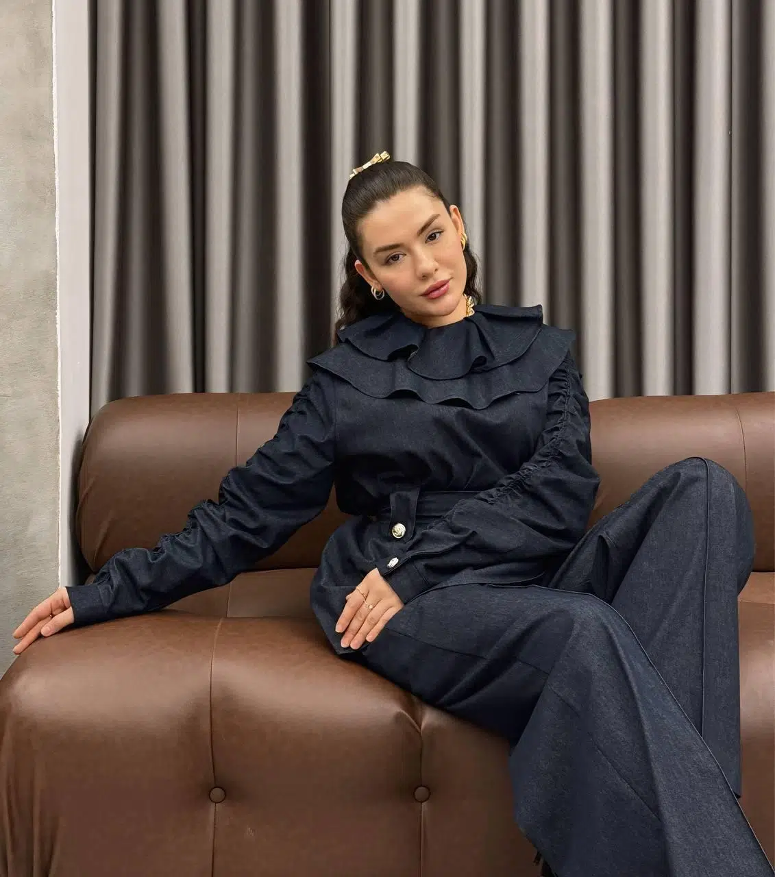 Kadın Denim İkili Kemerli Şık Tesettür Takım - Lacivert