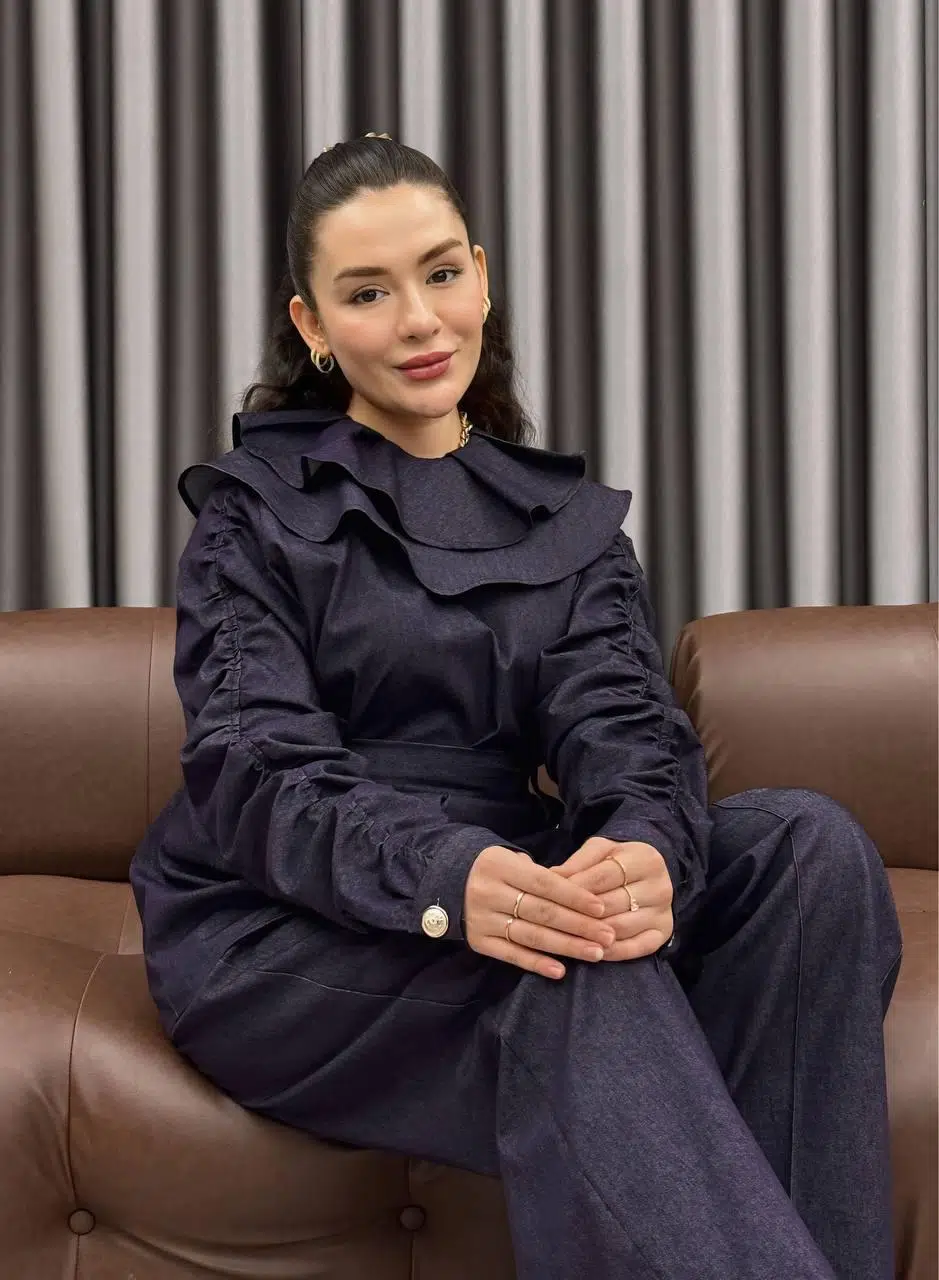 Kadın Denim İkili Kemerli Şık Tesettür Takım - Mor