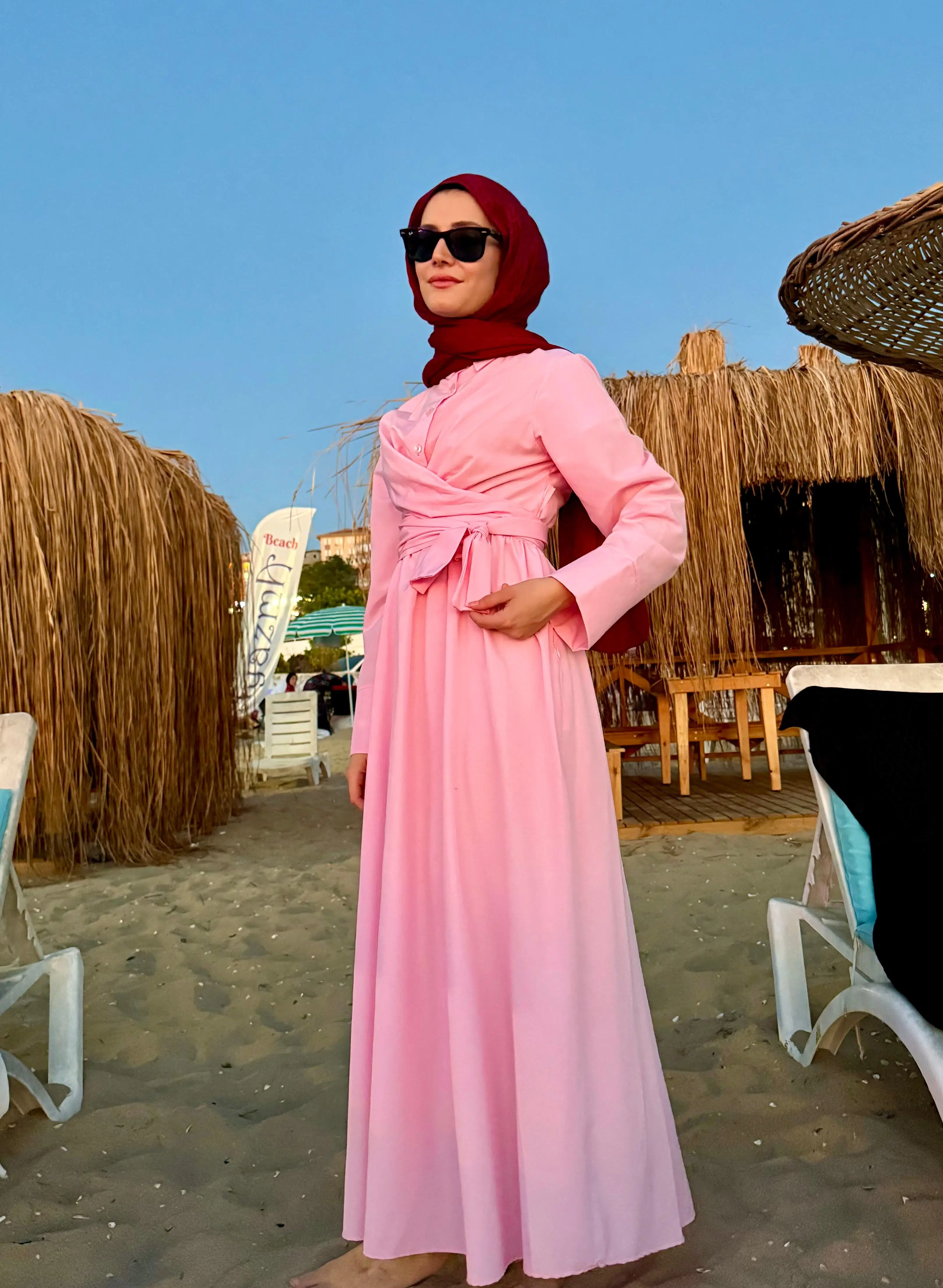 Belden Bağlama Detaylı Uzun Elbise - Pembe