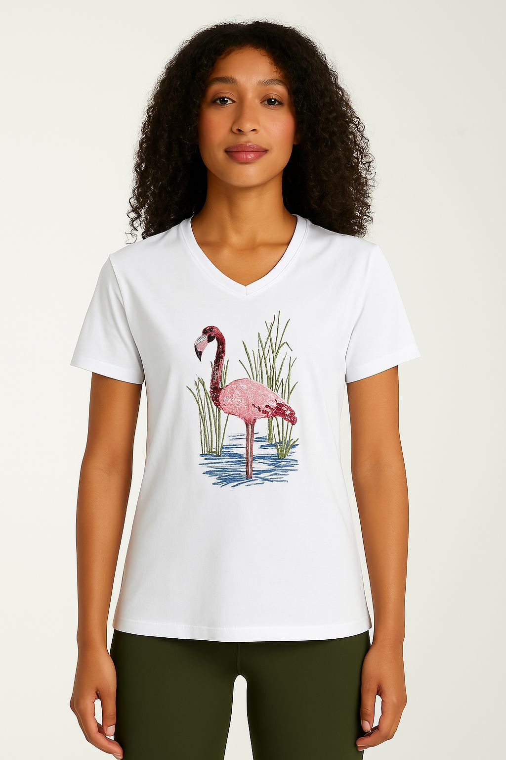 Beyaz Renk Flamingo Nakışlı Tişört