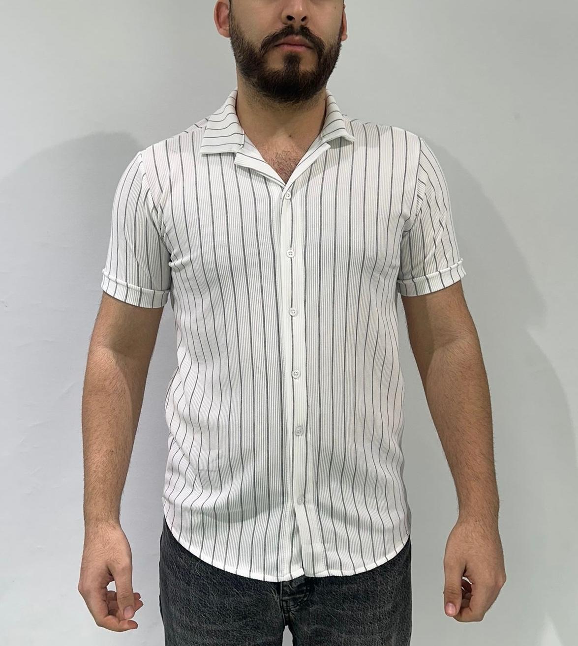 Beyaz Renk Gri Çizgili Oversize Erkek Gömlek