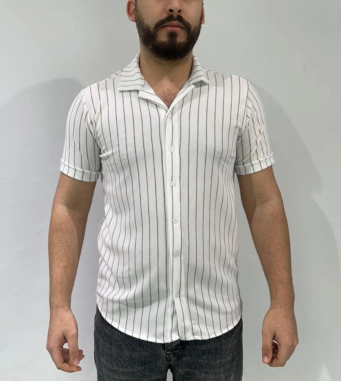 Beyaz Renk Gri Çizgili Oversize Erkek Gömlek