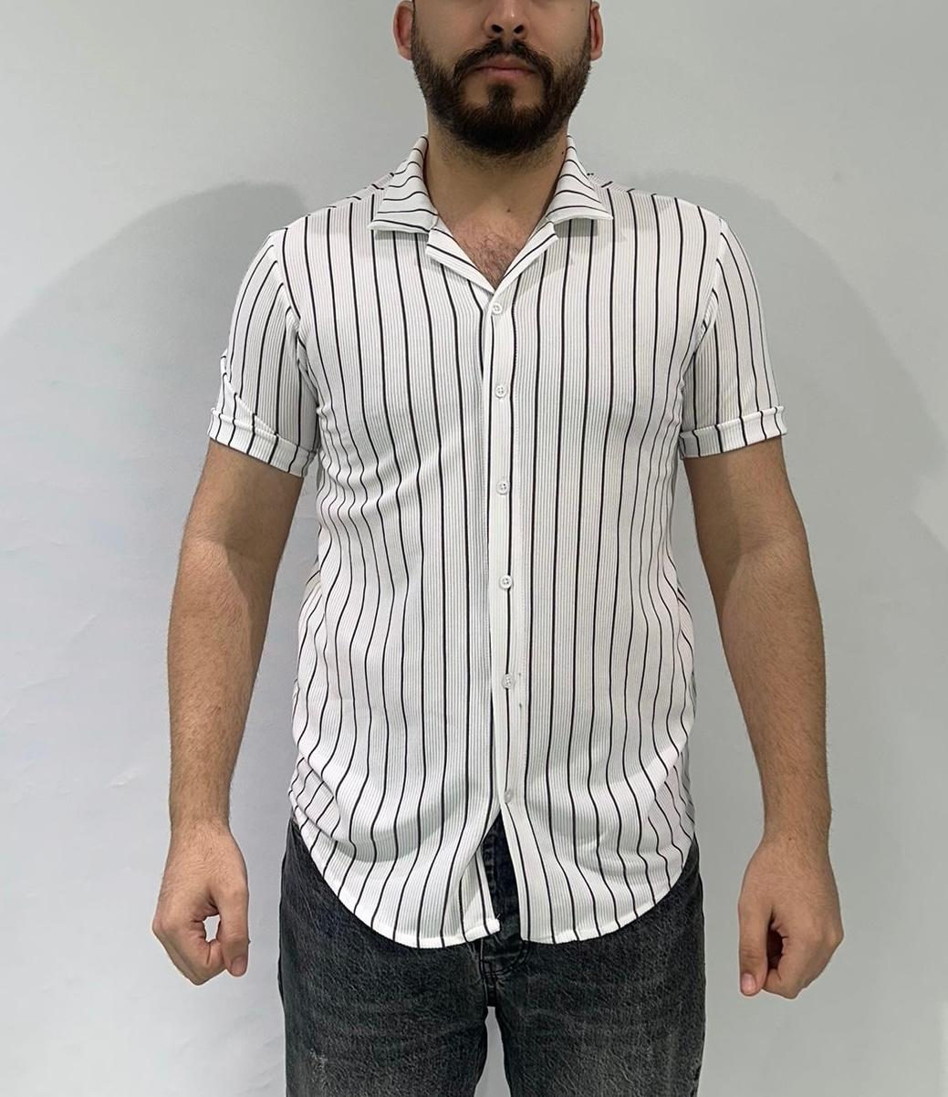 Beyaz Renk Kahve Çizgili Oversize Erkek Gömlek