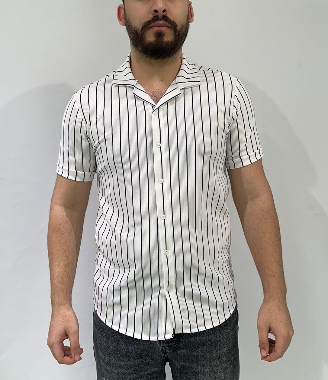 Beyaz Renk Siyah Çizgili Oversize Erkek Gömlek