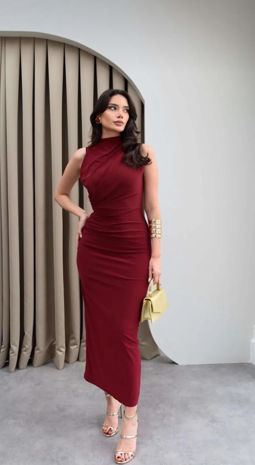 Bordo Büzgülü Elbise