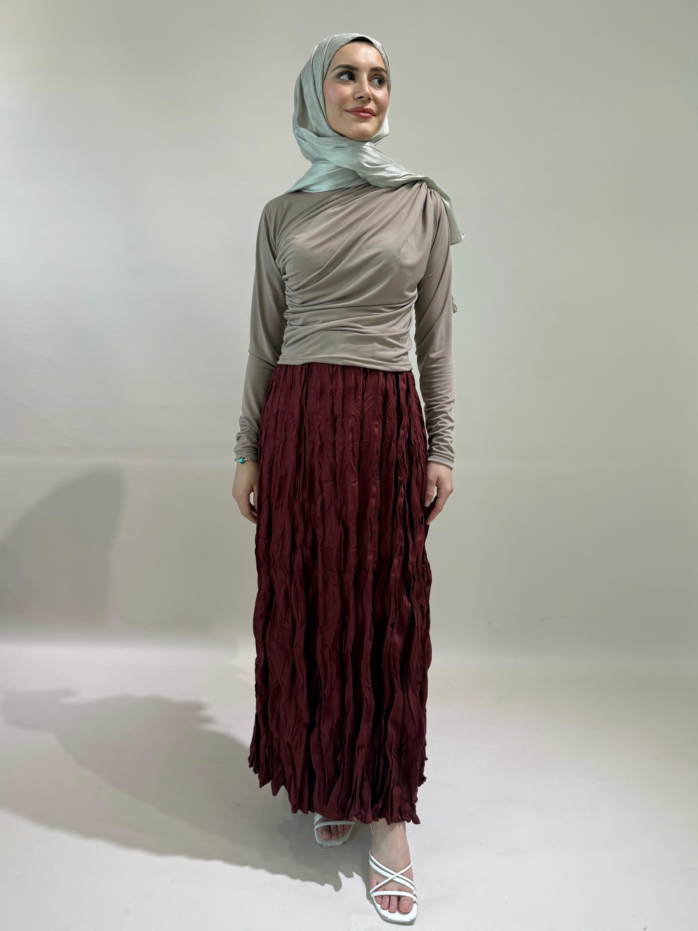 Bordo Crush Kırışık Uzun Etek 