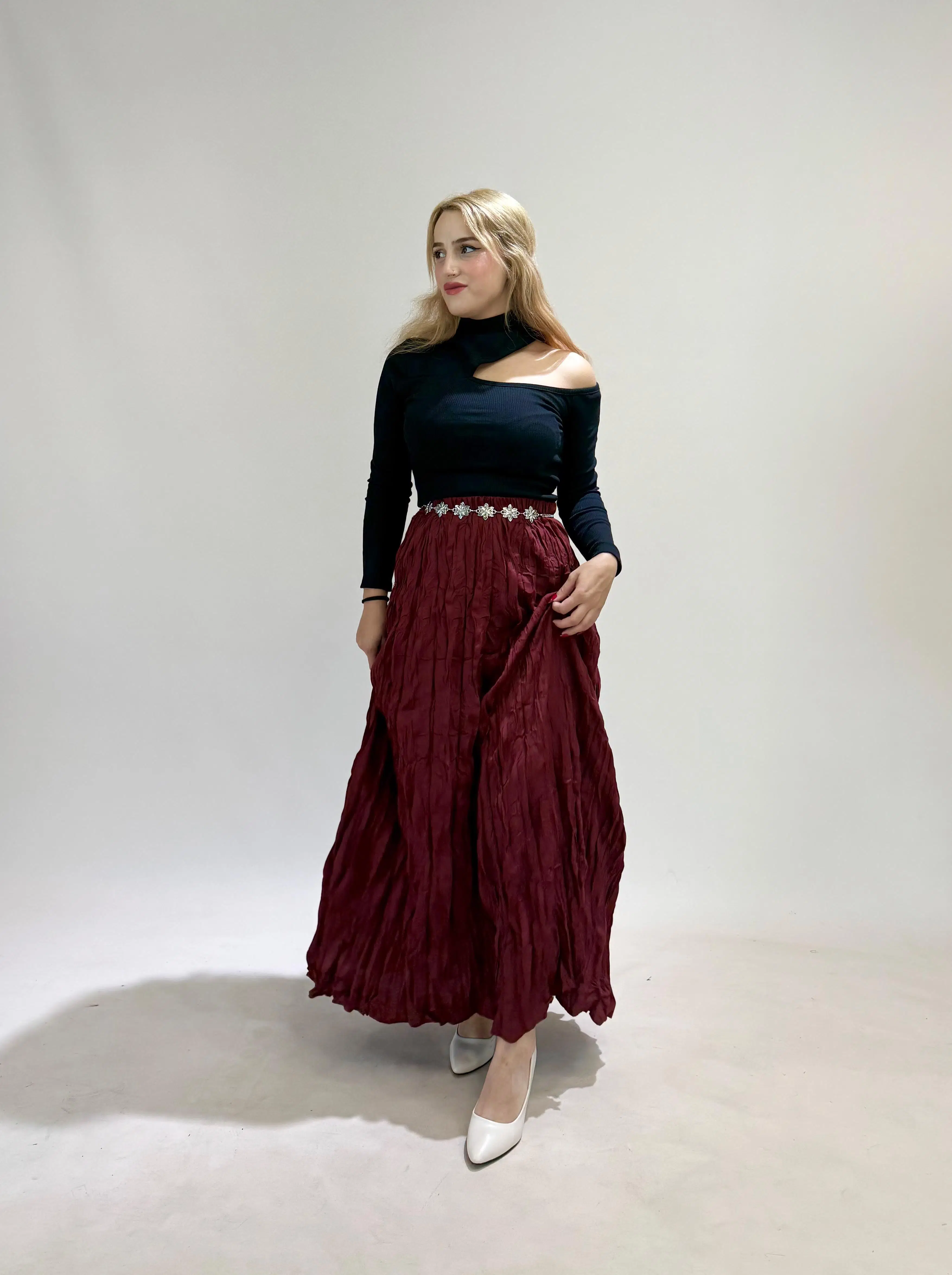Bordo Crush Kırışık Uzun Etek 