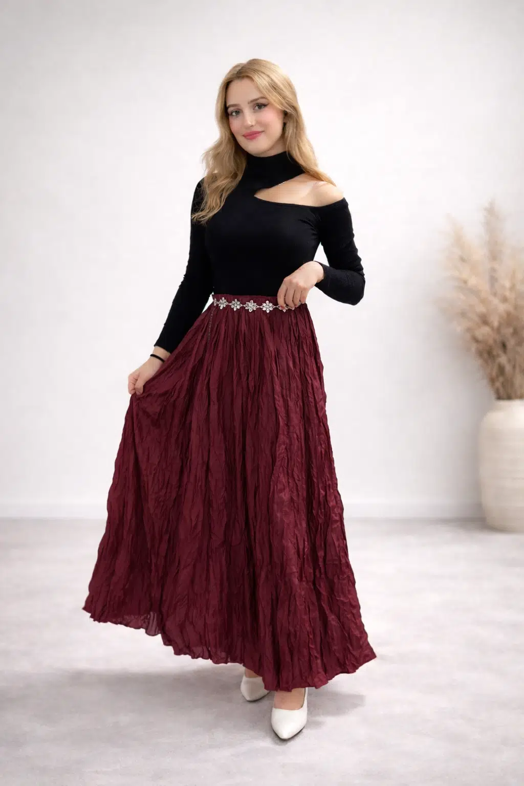 Bordo Crush Kırışık Uzun Etek 