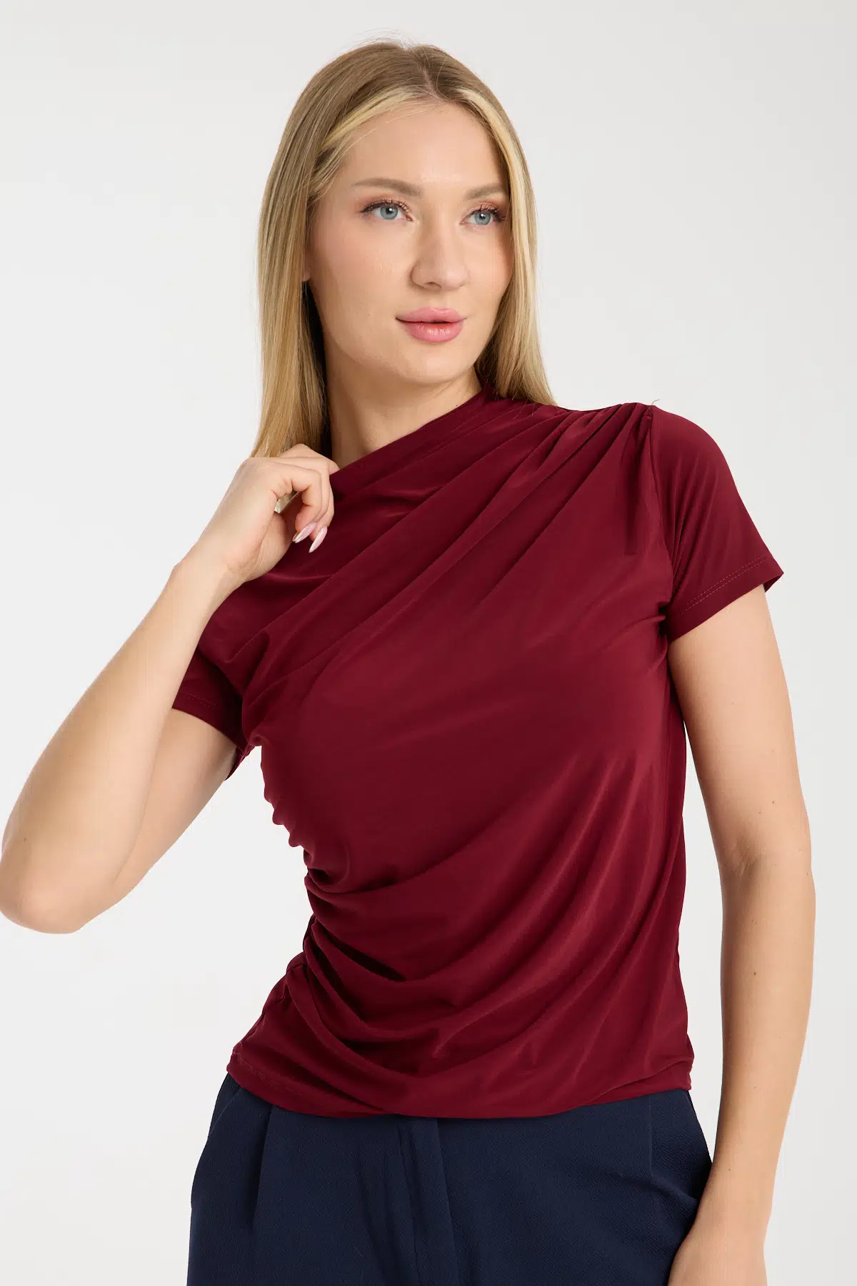 Bordo Kısa Kollu Büzgülü Bluz