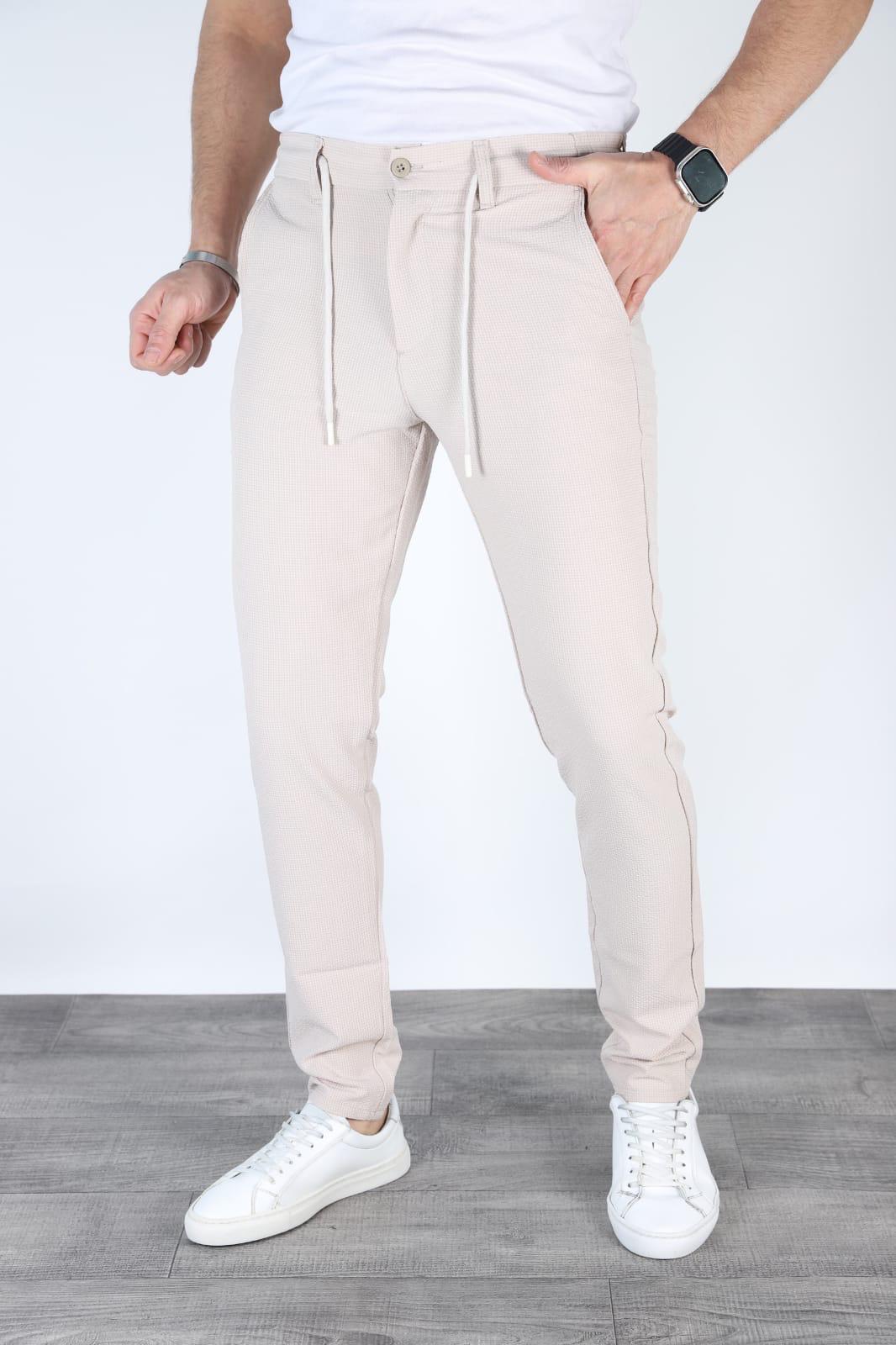 Desenli Bağlamalı Jogger Erkek Pantolon - Bej