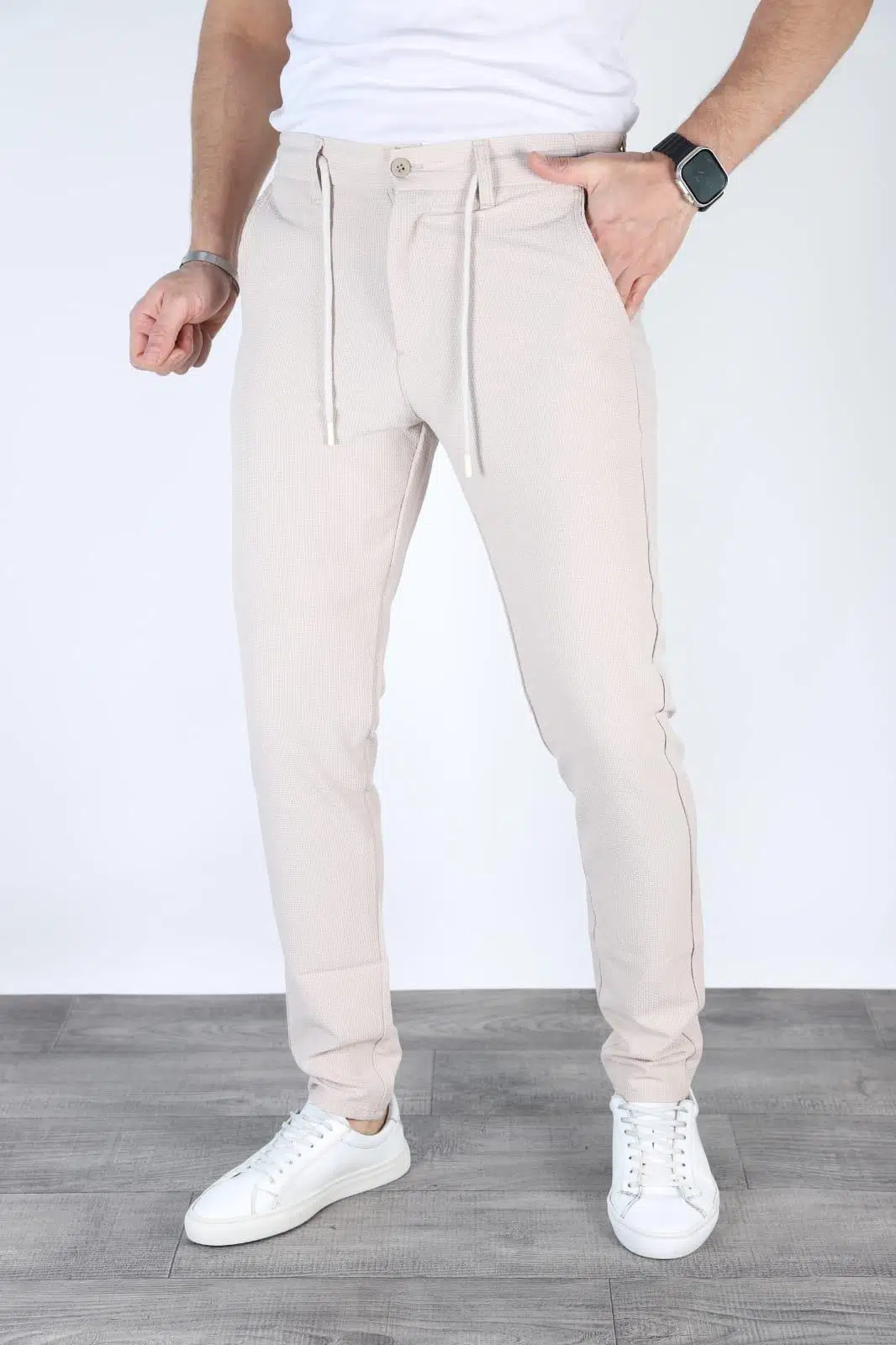 Desenli Bağlamalı Jogger Erkek Pantolon - Bej