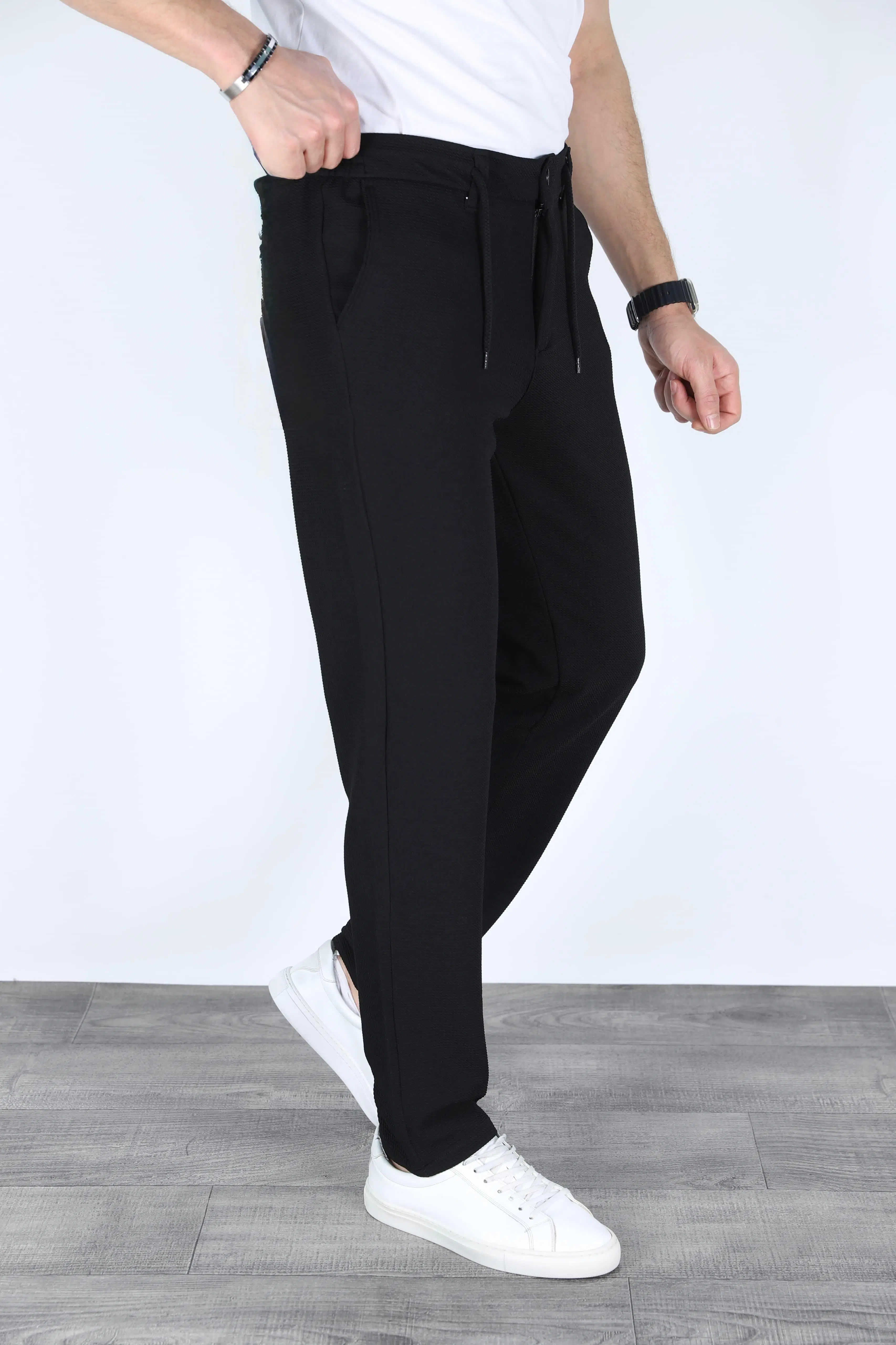 Desenli Bağlamalı Jogger Erkek Pantolon - Siyah