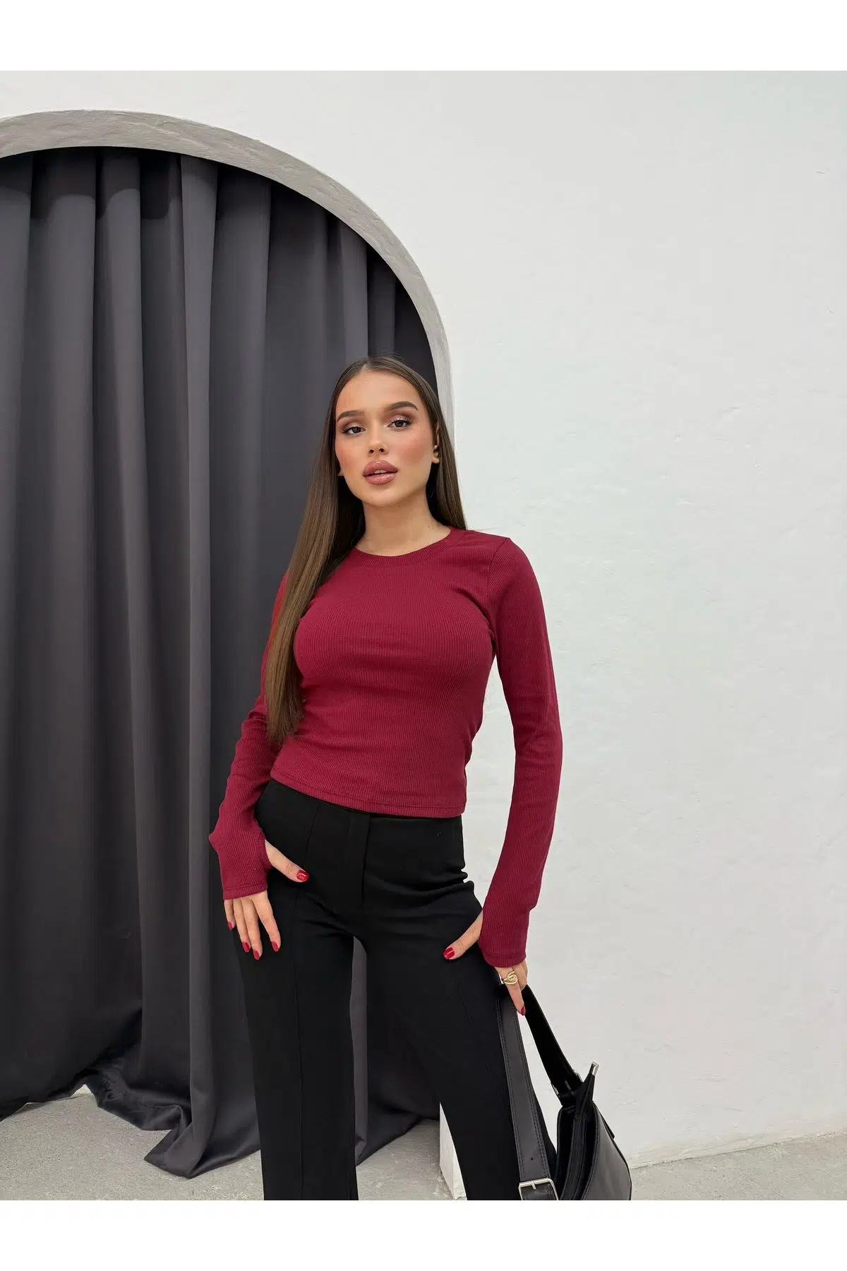 Parmak Geçirmeli Kadın Triko Bluz - Bordo