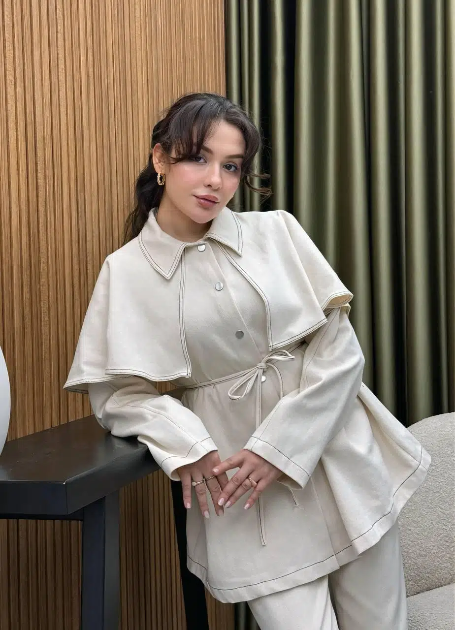Gabardin Kemerli Tesettür Pantolon Takım - Ekru