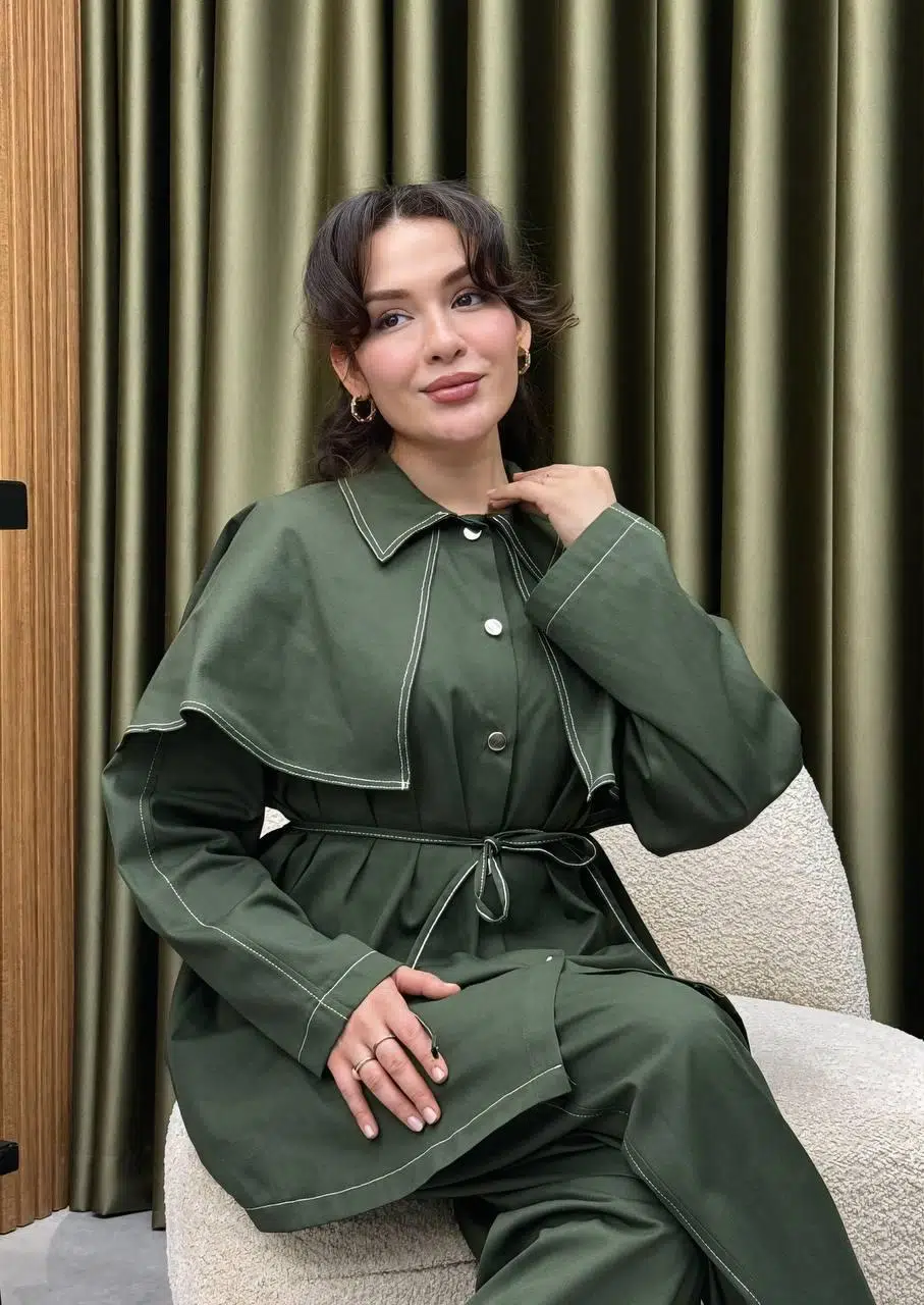 Gabardin Kemerli Tesettür Pantolon Takım - Yeşil