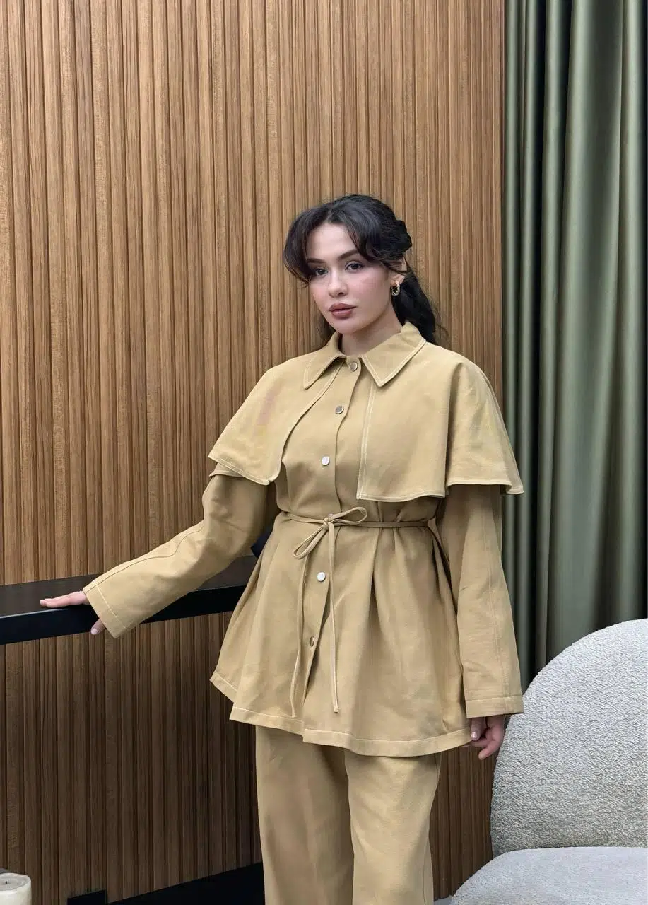 Gabardin Kemerli Tesettür Pantolon Takım - Sarı