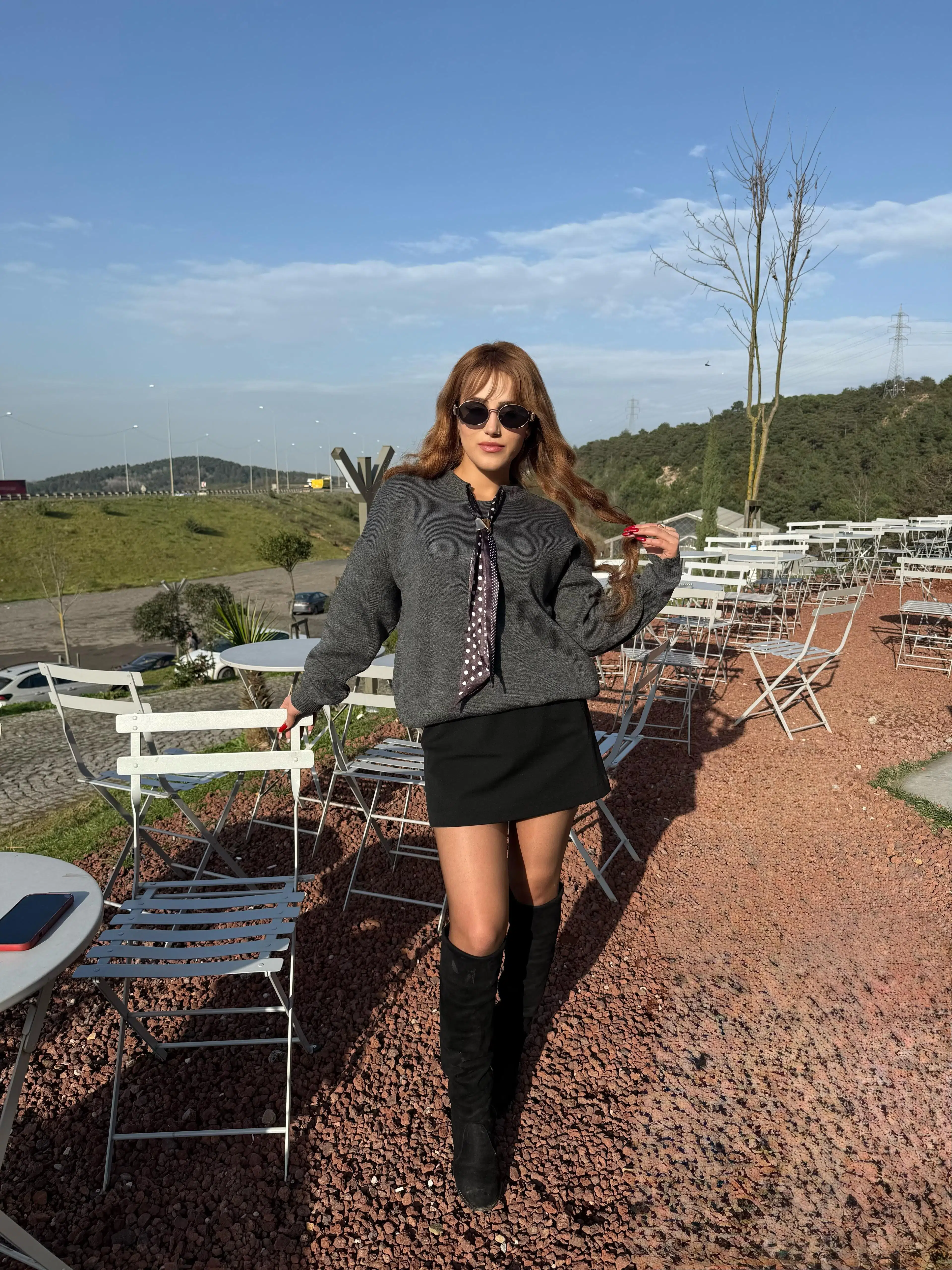 Kadın Fular Detaylı Triko Kazak - Gri