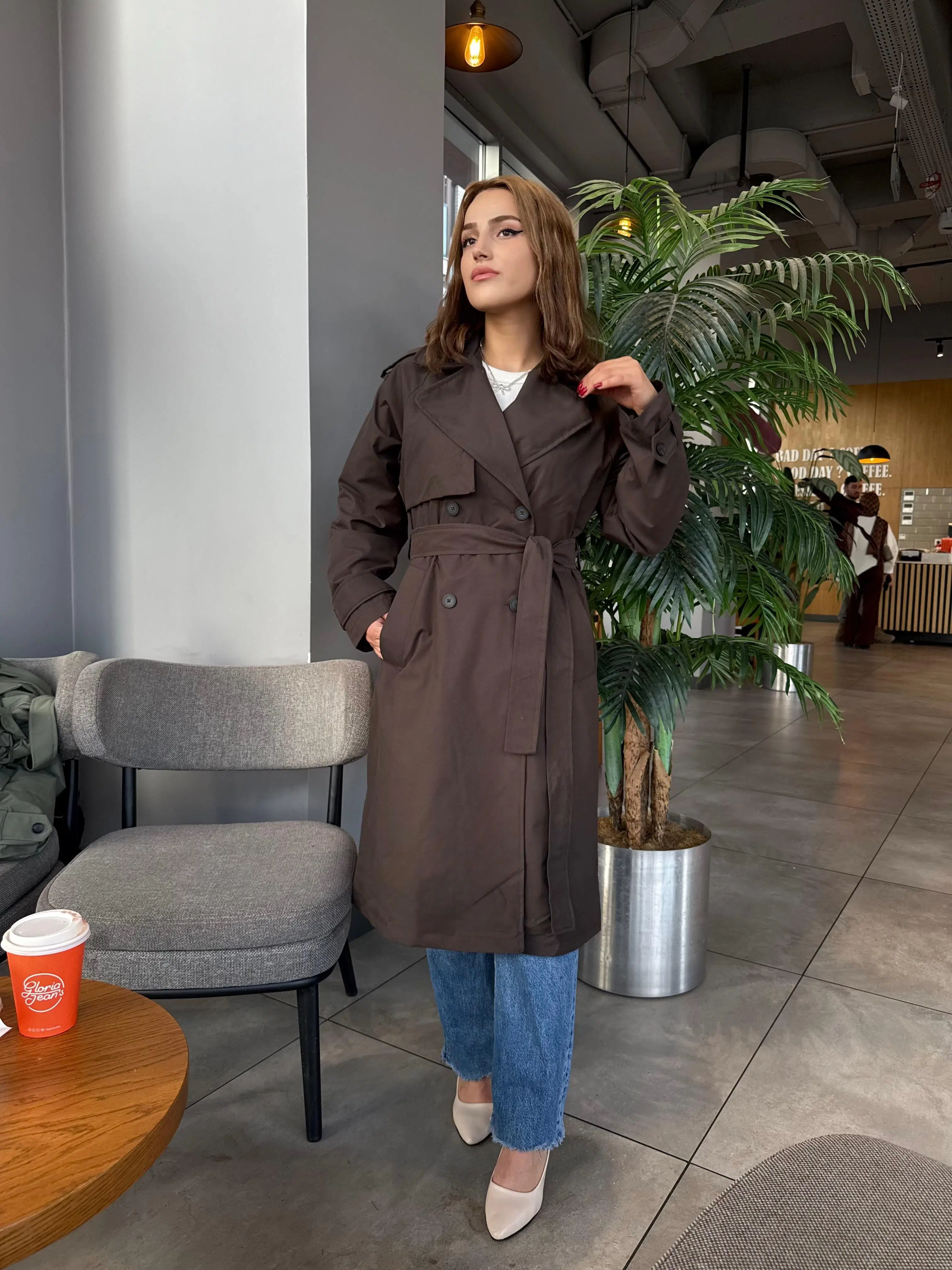 Kadın Kemerli Uzun Trençkot – Su Geçirmez, Astarlı, Oversize Model - Kahverengi