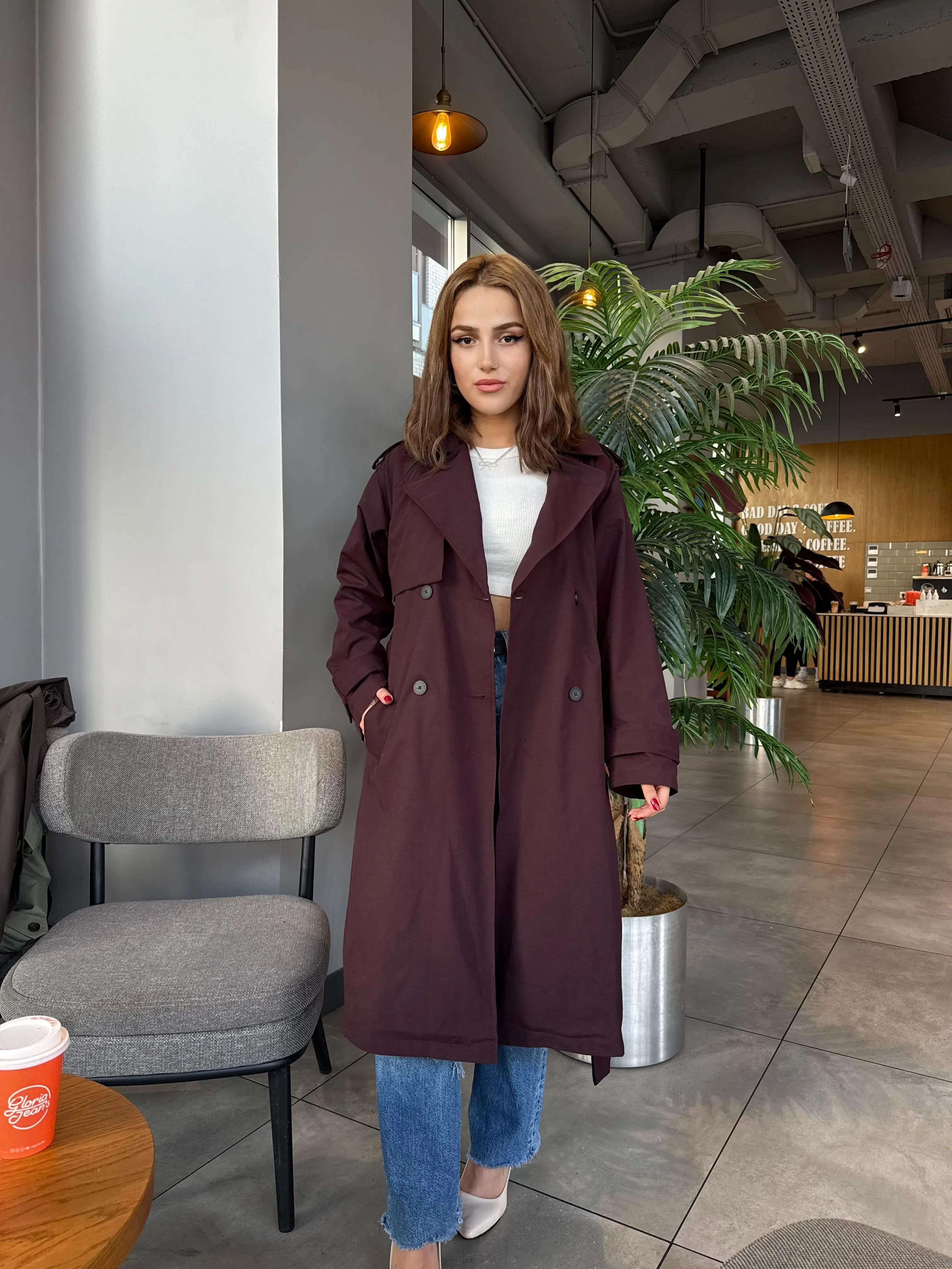 Kadın Kemerli Uzun Trençkot – Su Geçirmez, Astarlı, Oversize Model - Bordo