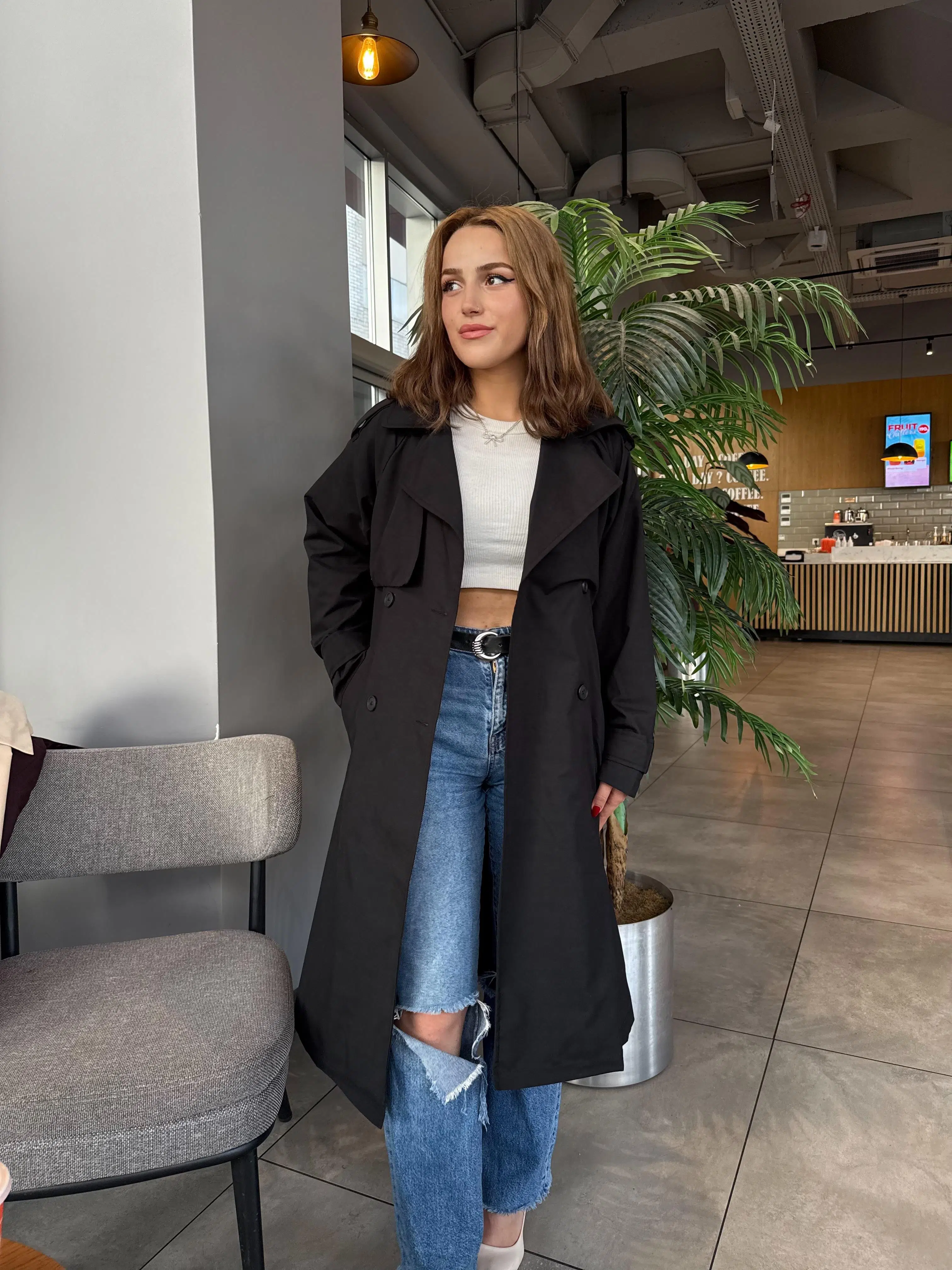 Kadın Kemerli Uzun Trençkot – Su Geçirmez, Astarlı, Oversize Model - Siyah