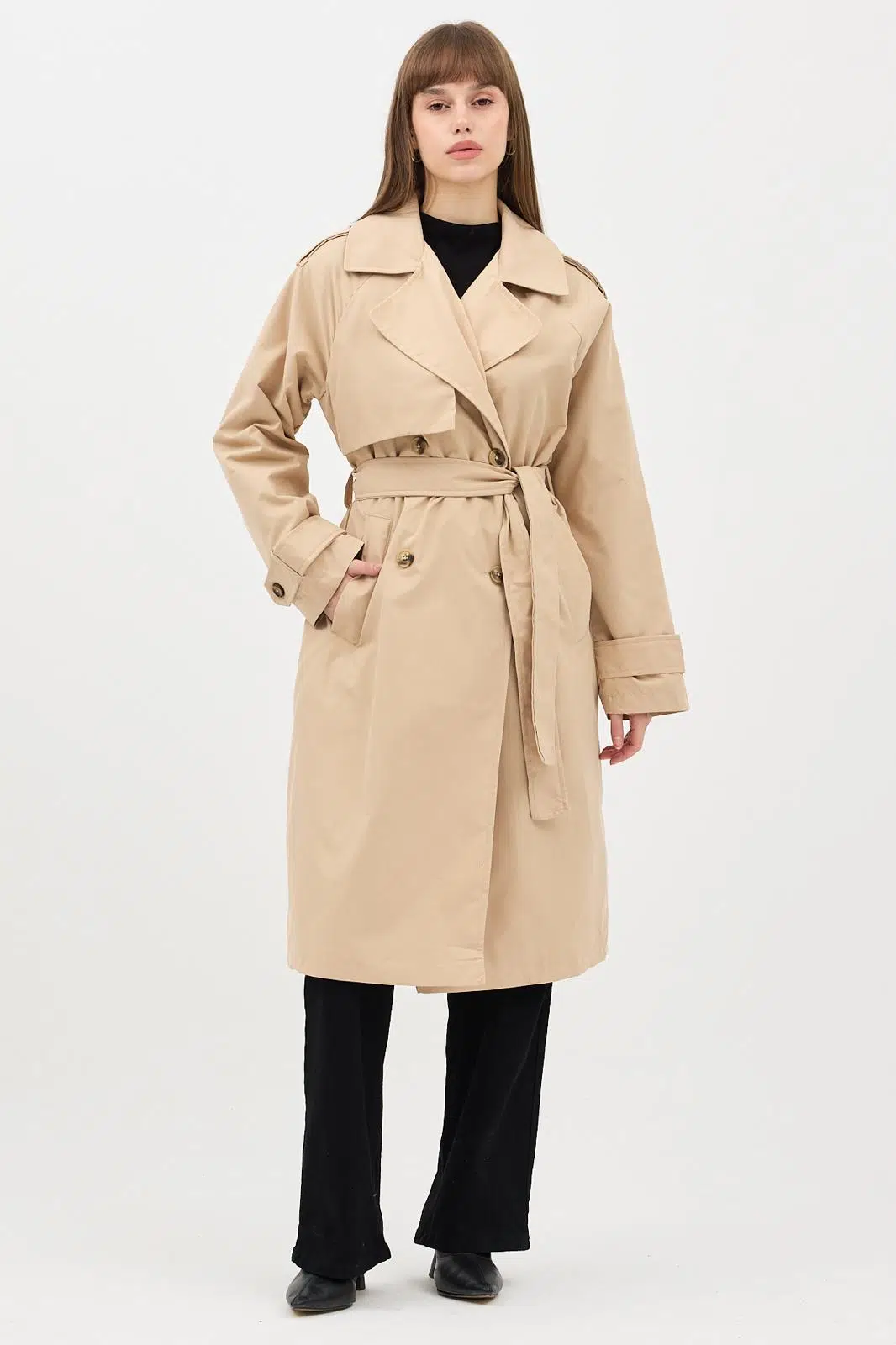 Kadın Kemerli Uzun Trençkot – Su Geçirmez, Astarlı, Oversize Model - Bej