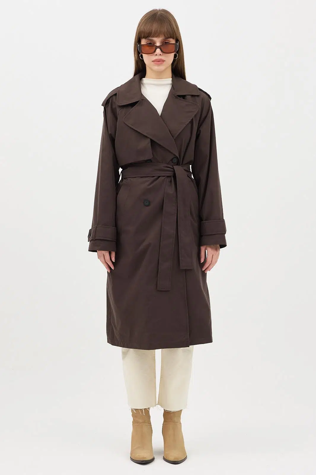 Kadın Kemerli Uzun Trençkot – Su Geçirmez, Astarlı, Oversize Model - Kahverengi
