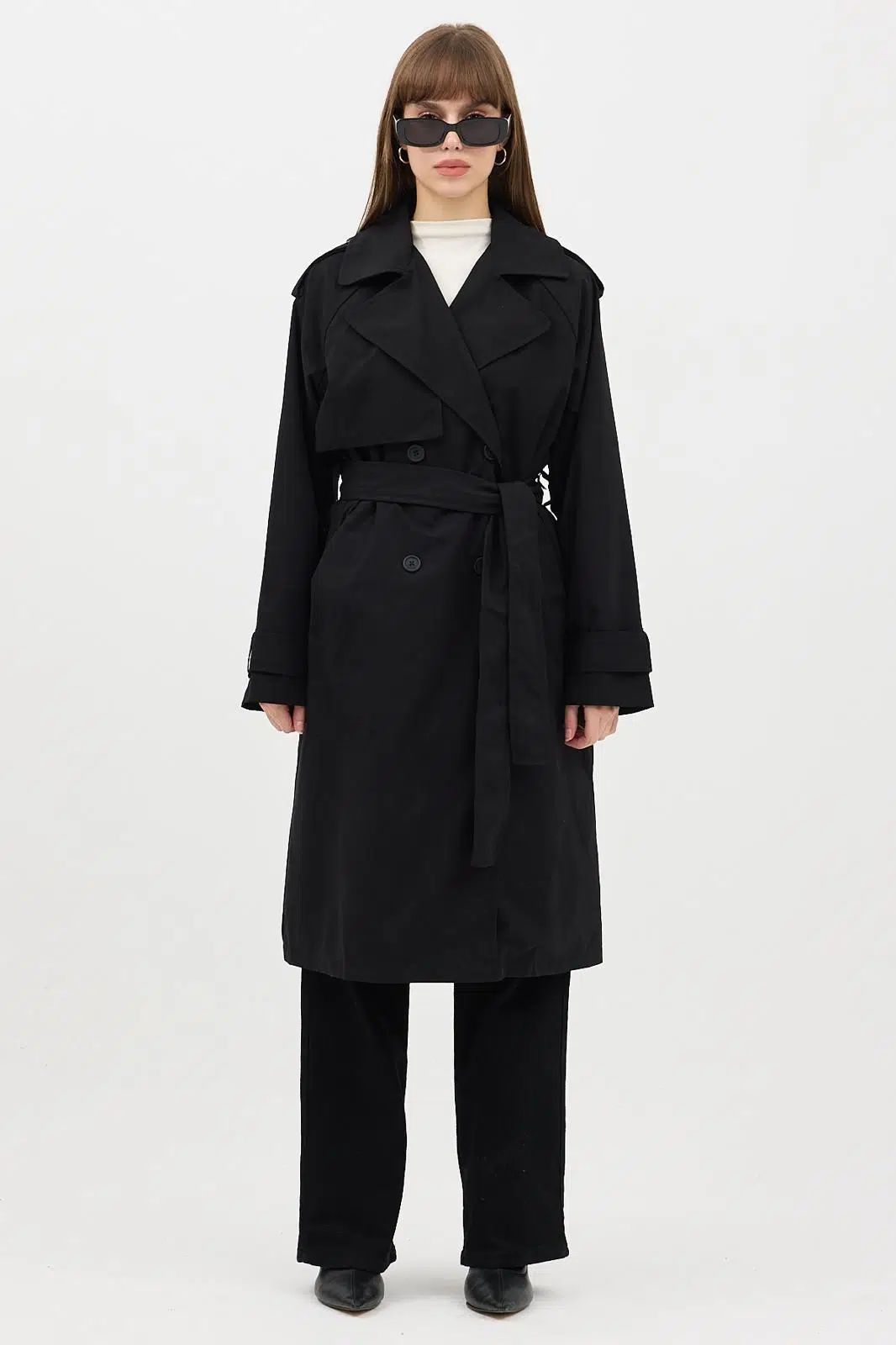 Kadın Kemerli Uzun Trençkot – Su Geçirmez, Astarlı, Oversize Model - Siyah