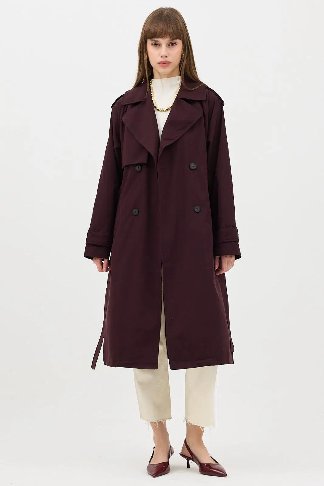 Kadın Kemerli Uzun Trençkot – Su Geçirmez, Astarlı, Oversize Model - Bordo