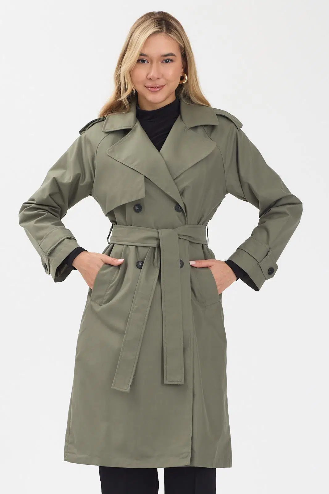 Kadın Kemerli Uzun Trençkot – Su Geçirmez, Astarlı, Oversize Model - Yeşil