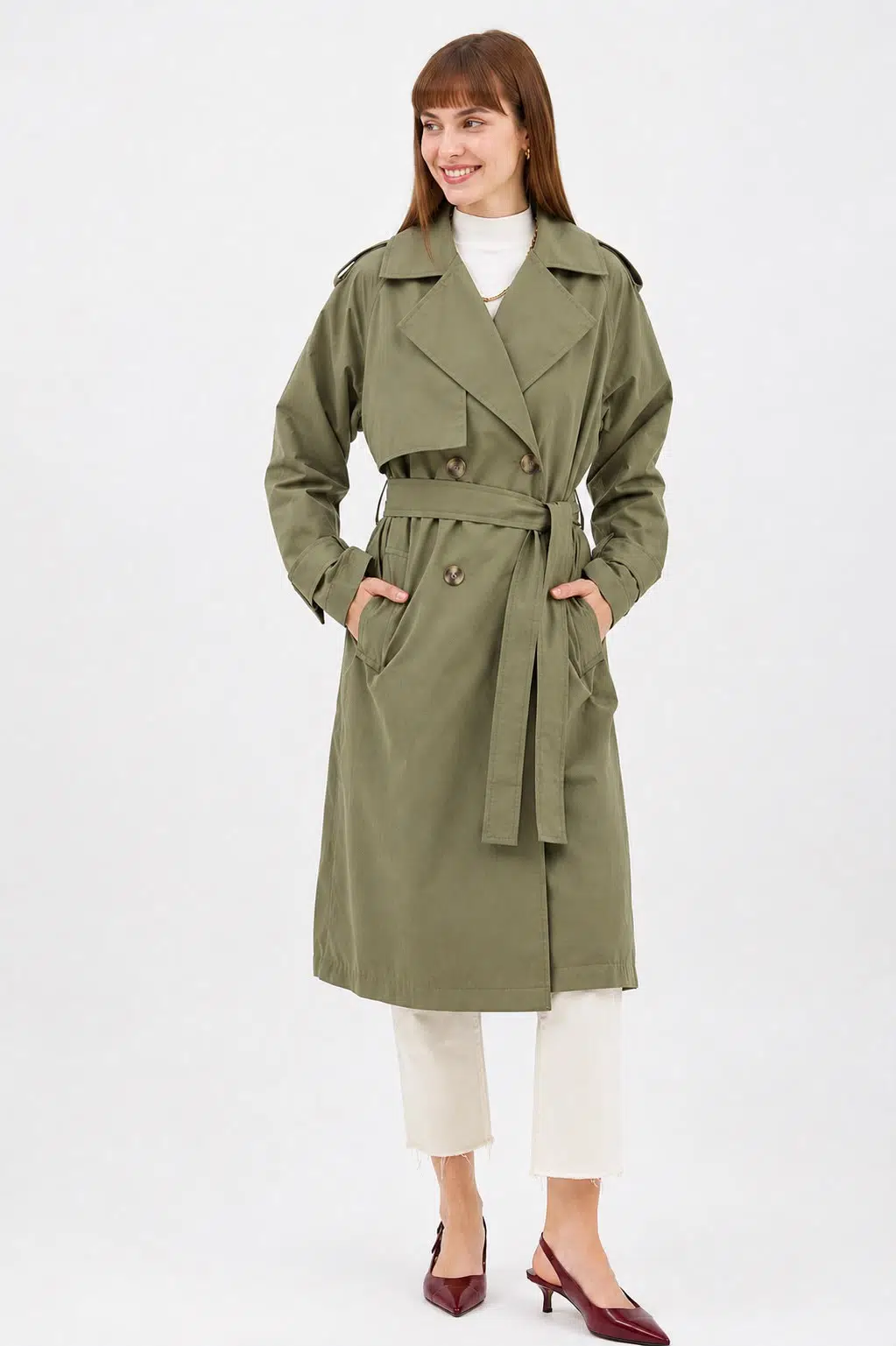 Kadın Kemerli Uzun Trençkot – Su Geçirmez, Astarlı, Oversize Model - Haki