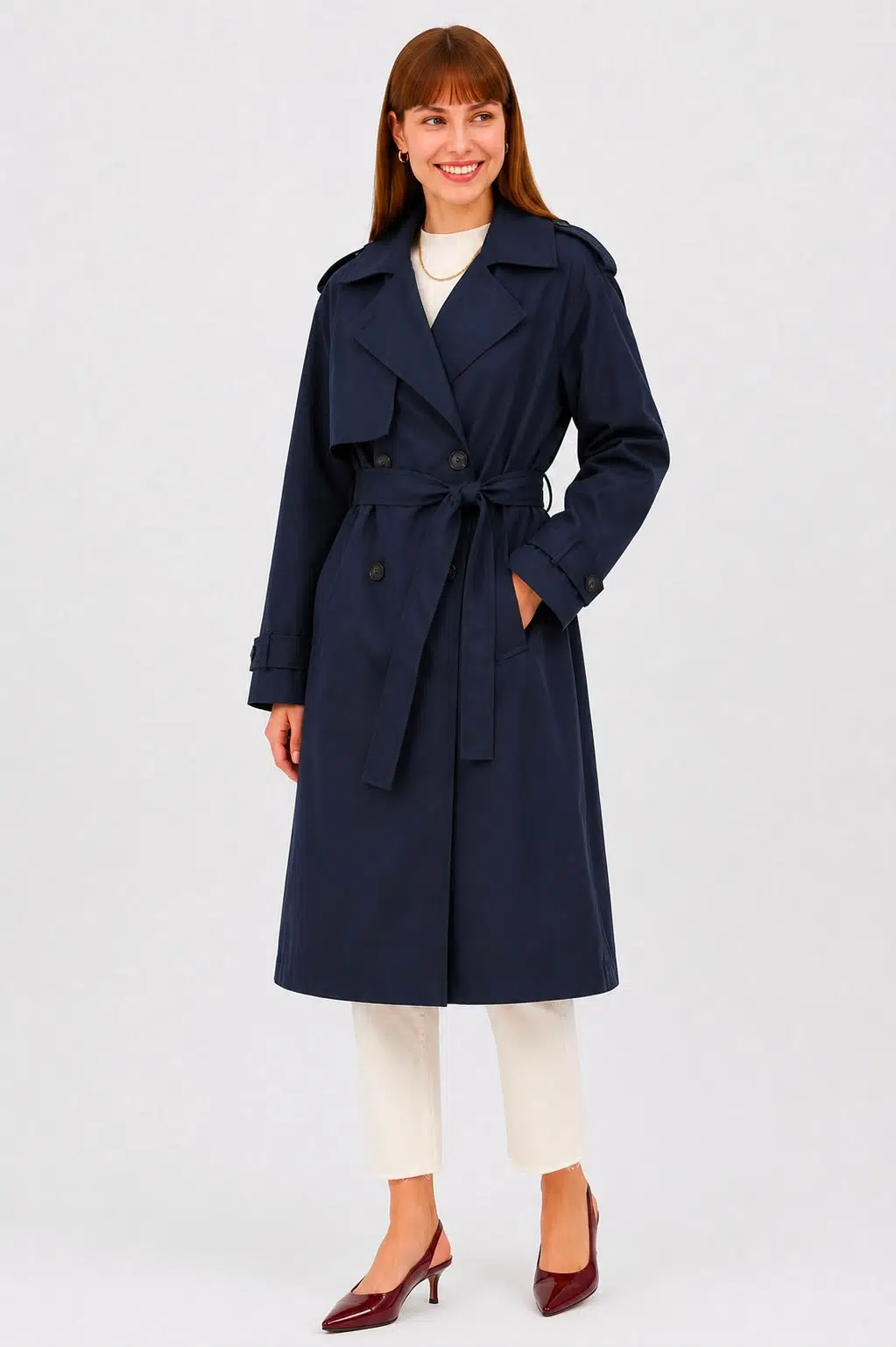 Kadın Kemerli Uzun Trençkot – Su Geçirmez, Astarlı, Oversize Model - Lacivert
