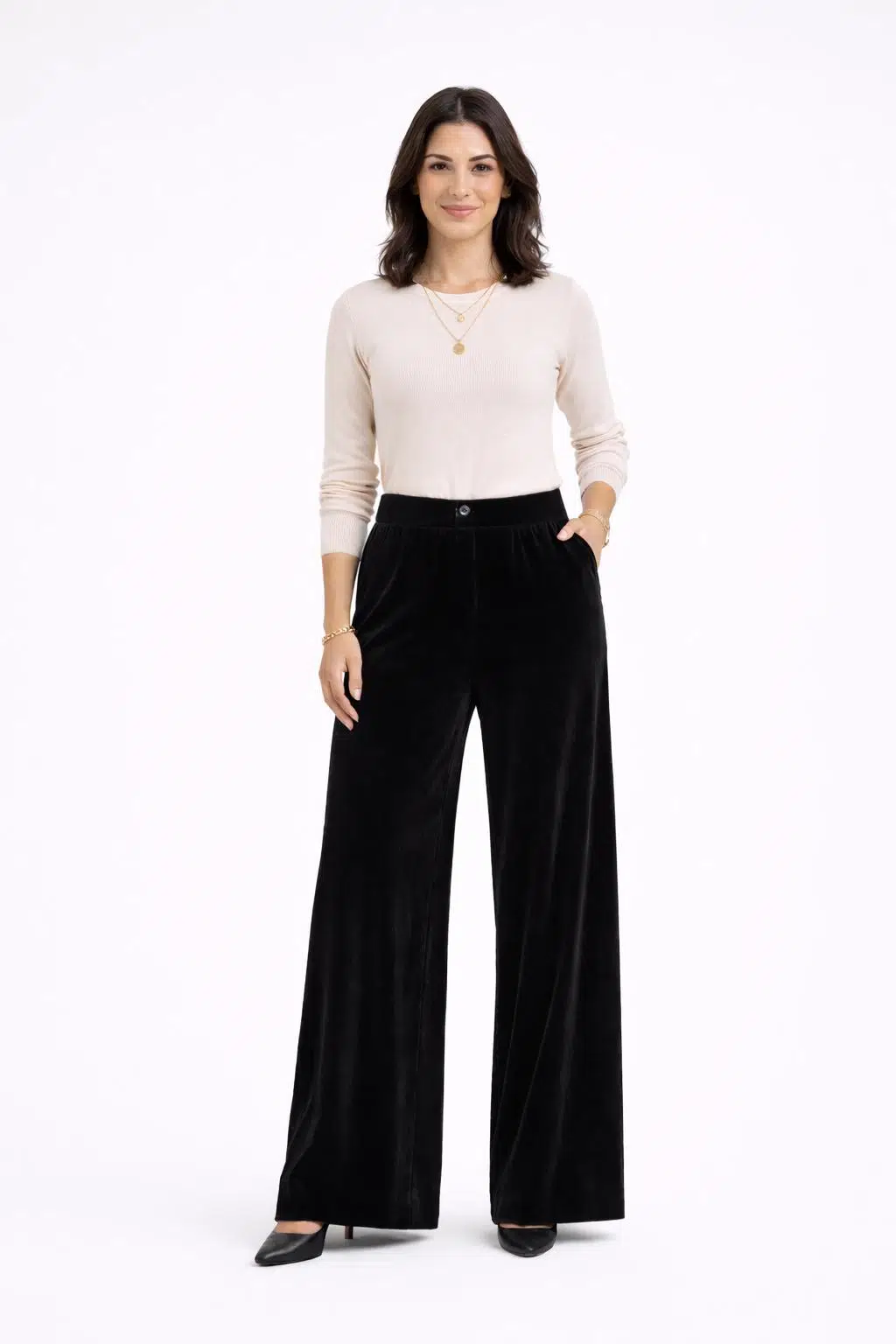 Kadife Siyah Yüksek Bel Palazzo Pantolon