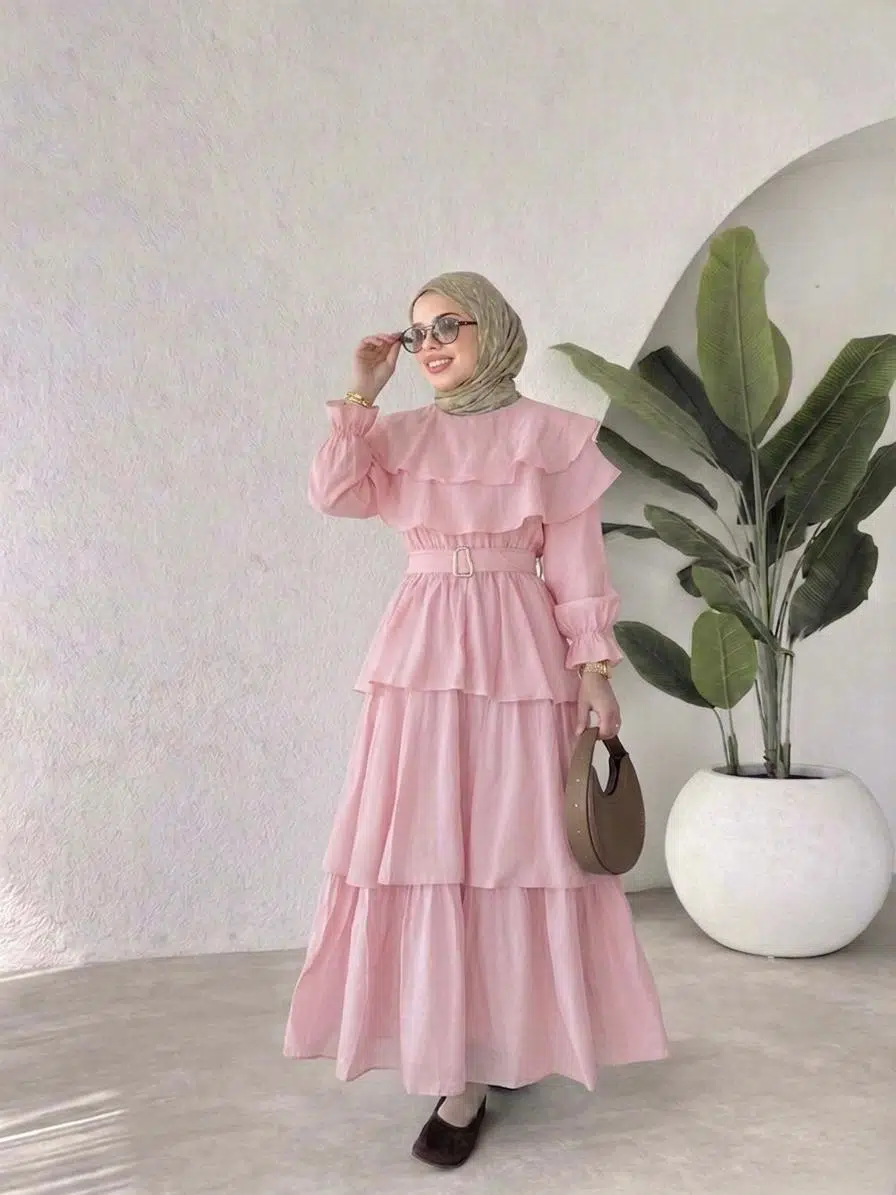 Kadın Tesettür Vual İç Göstermez Kat Kat Kemerli Yazlık Elbise - Pembe