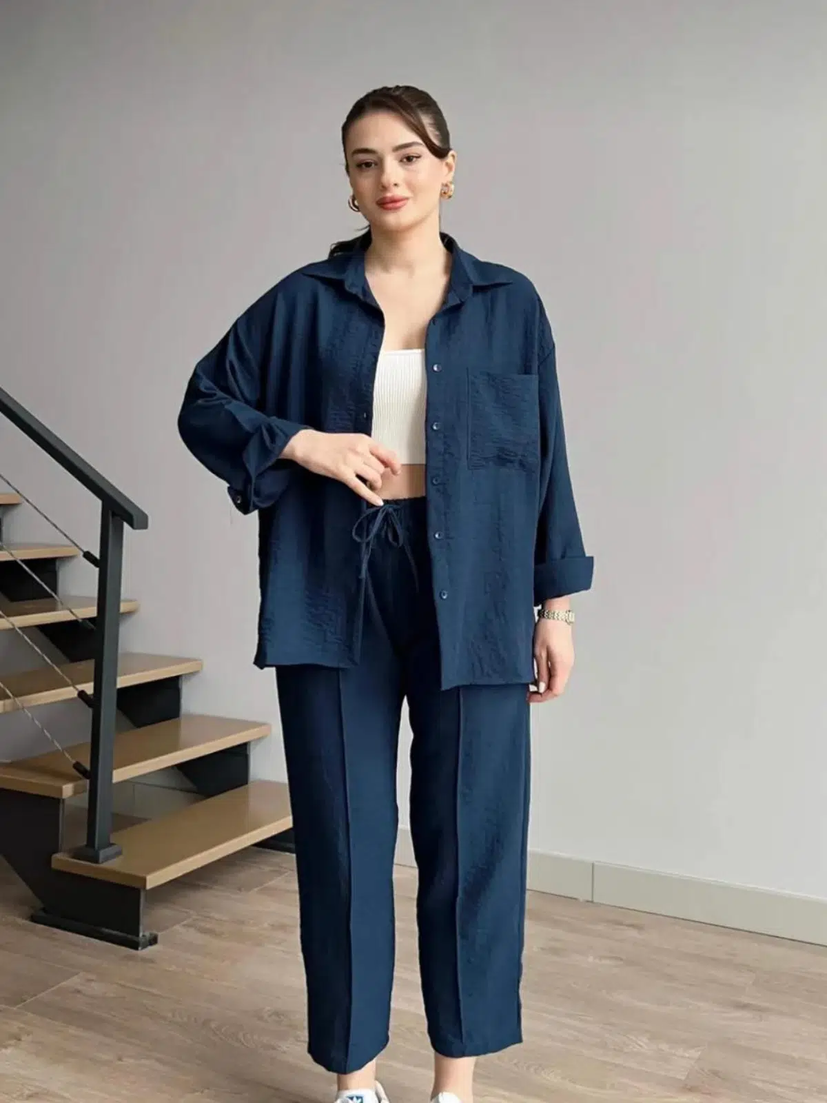 Lacivert Keten Gömlek Alt Üst Takım