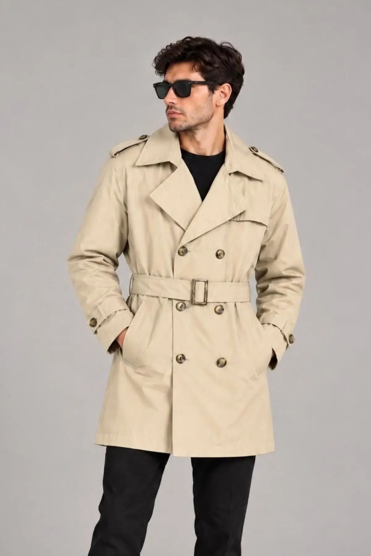Krem Erkek Trençkot-Astarlı, Premium Kalite,Su Geçirmez Özellikli Gabardin