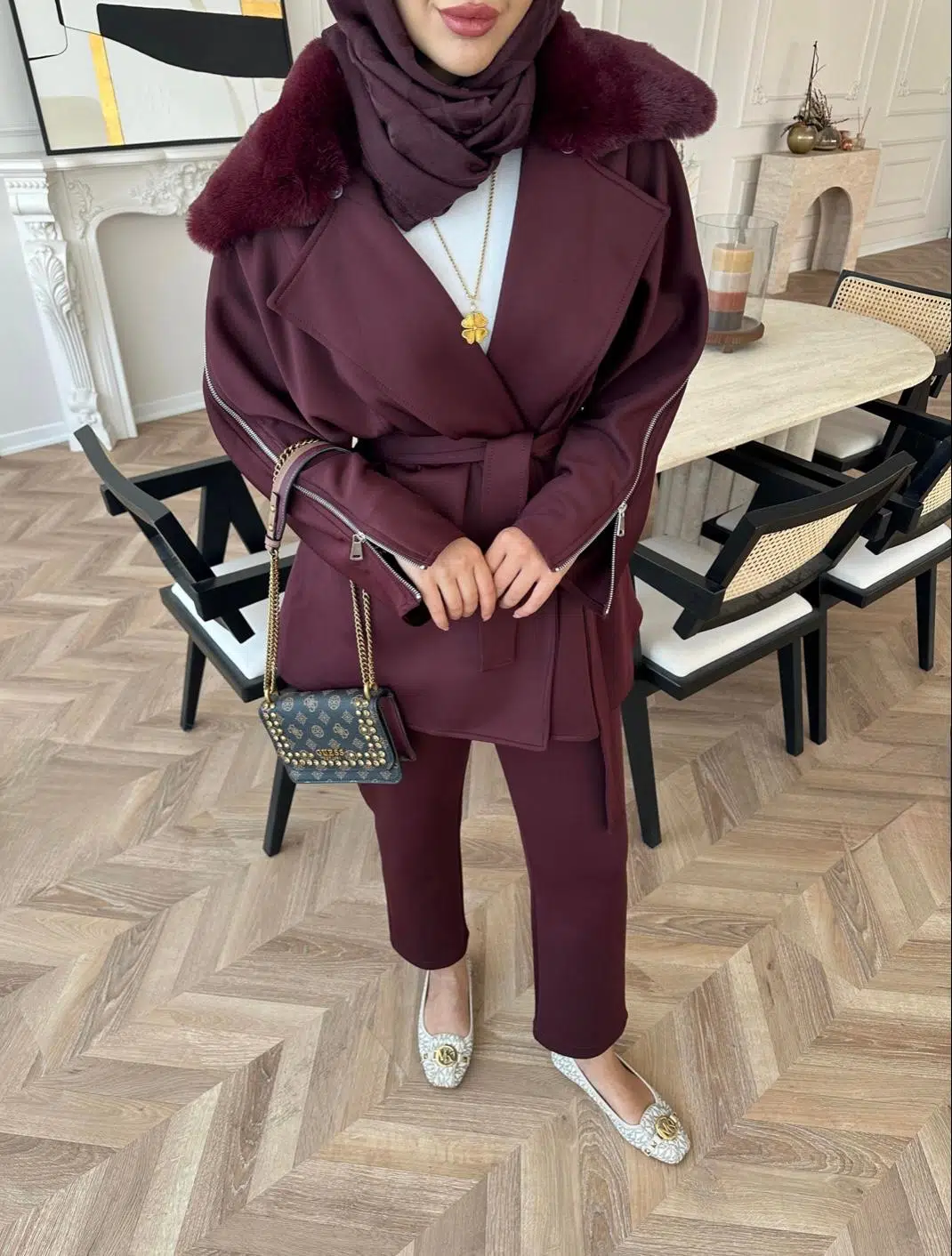 Kürk Detaylı Scuba Tesettür Takım - Bordo