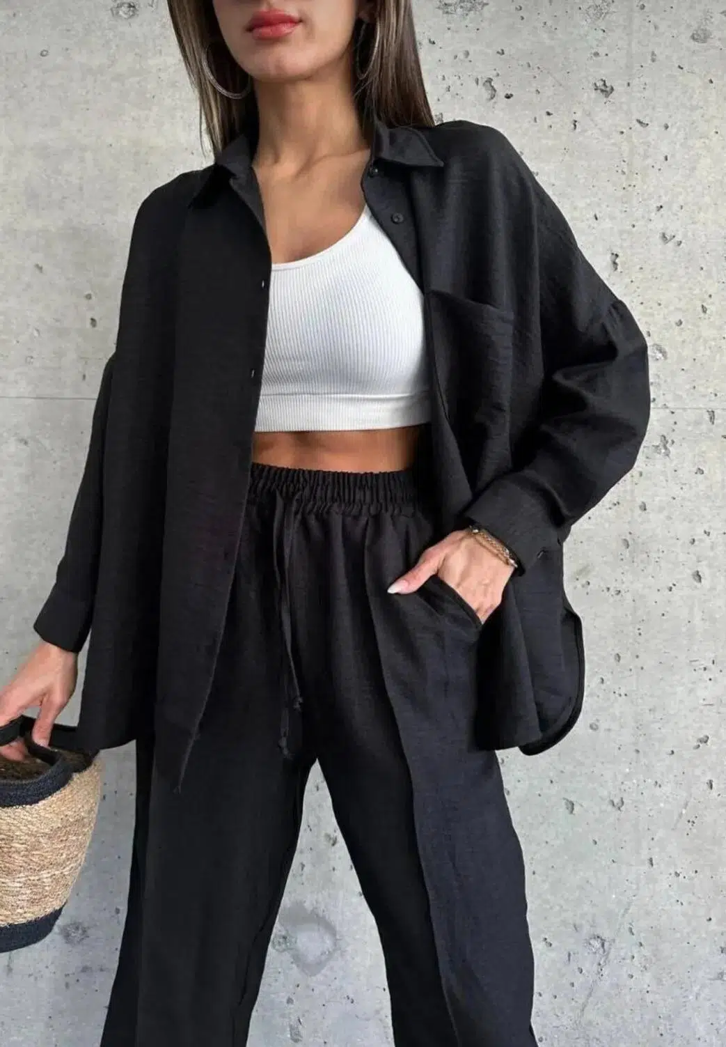 Siyah Keten Gömlek Alt Üst Takım