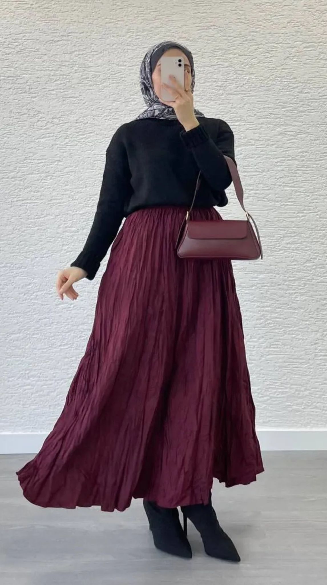Bordo Crush Kırışık Uzun Etek 