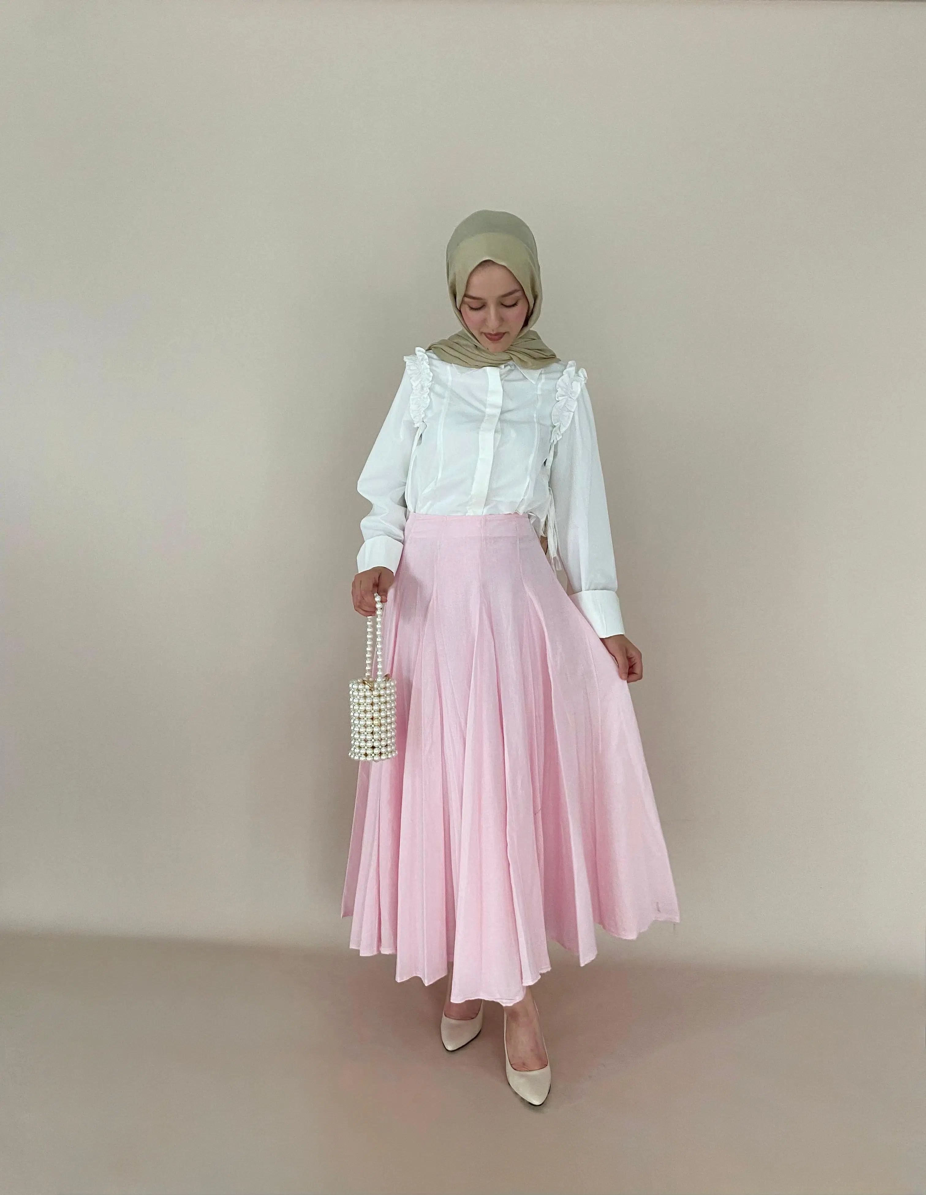 Pamuk Vual Belden Oturan Pileli Etek - Pembe