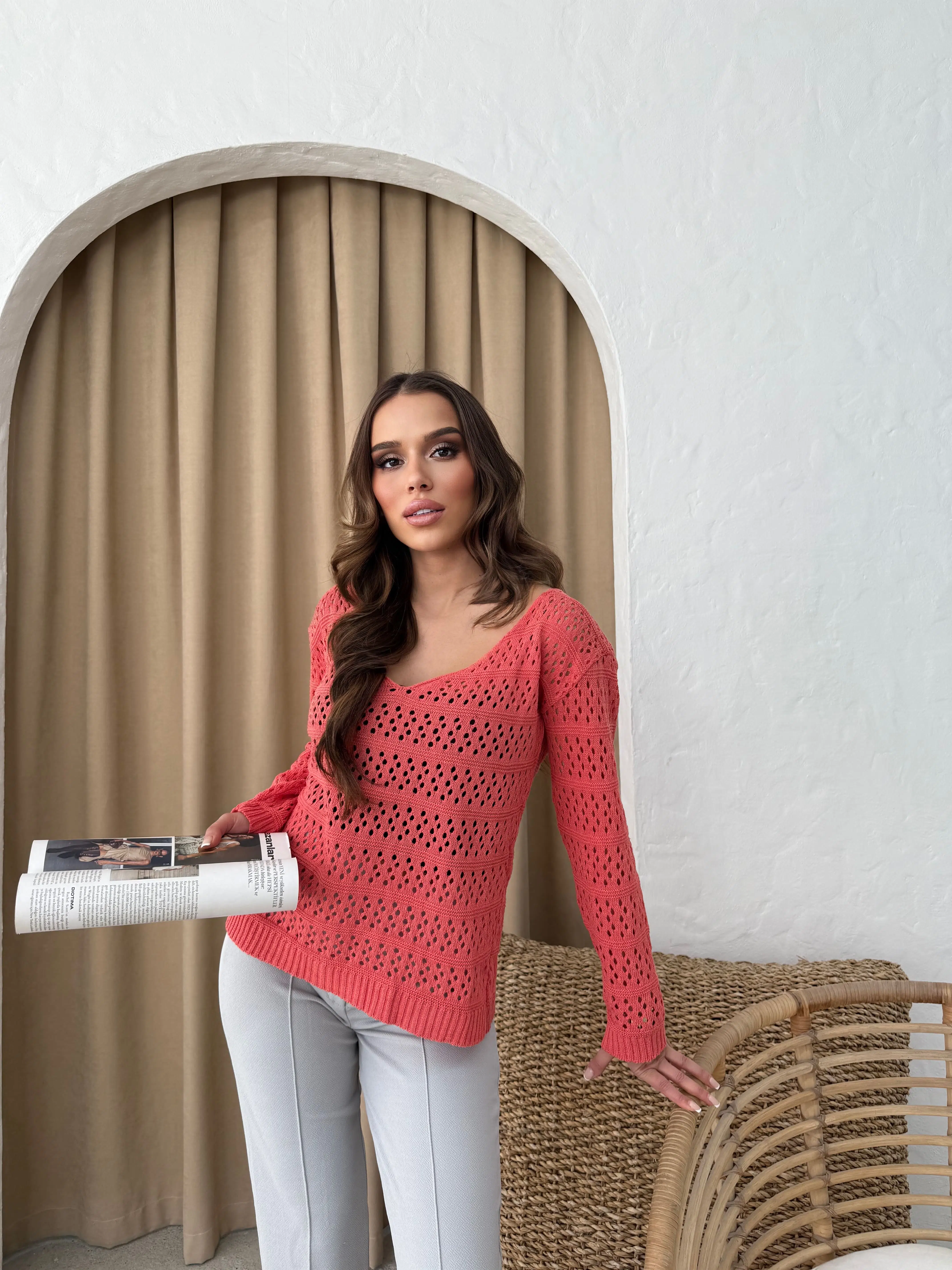 Nar Çiçeği Uzun Kol Örme Bluz