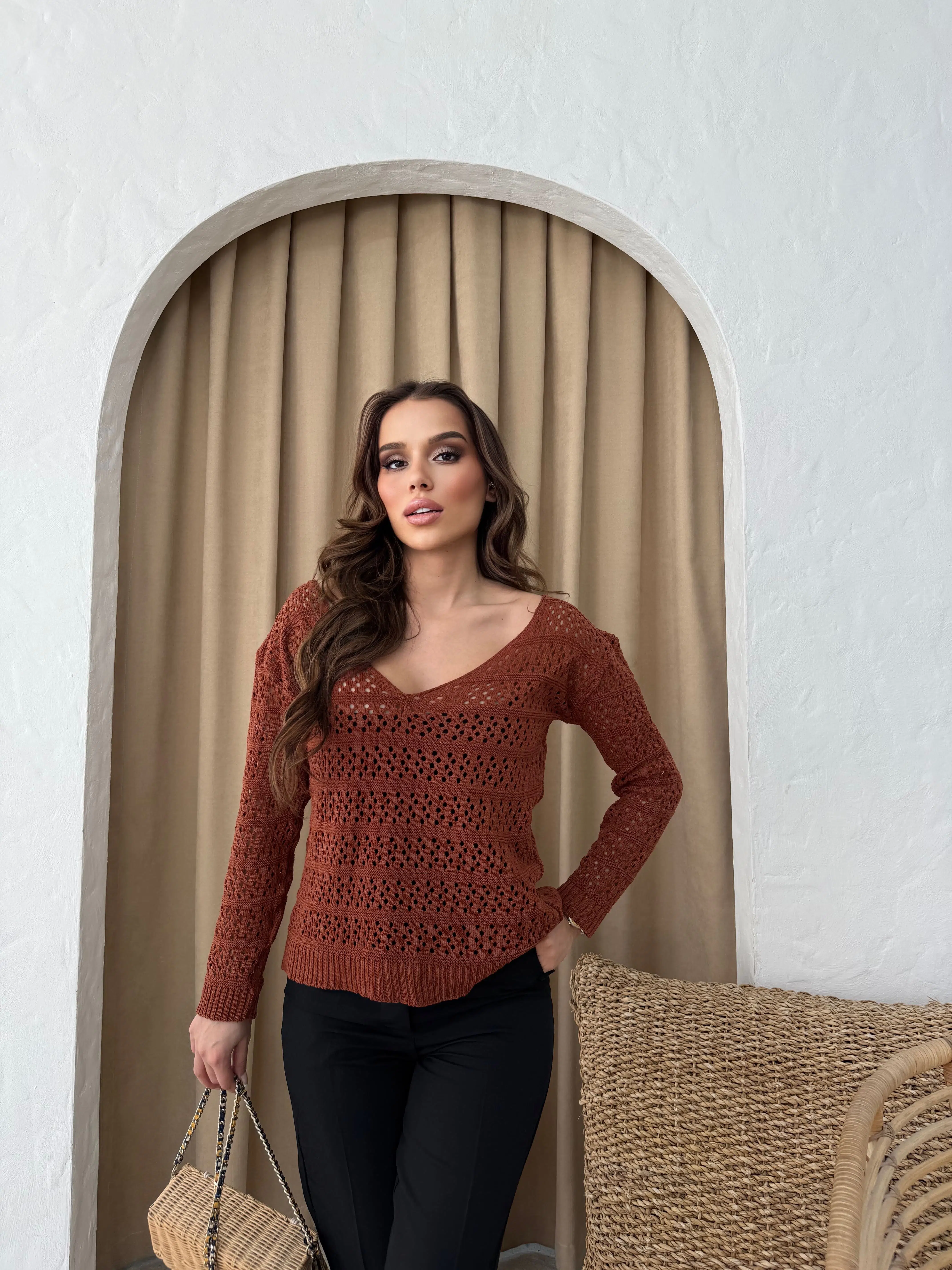 Kiremit Uzun Kol Örme Bluz