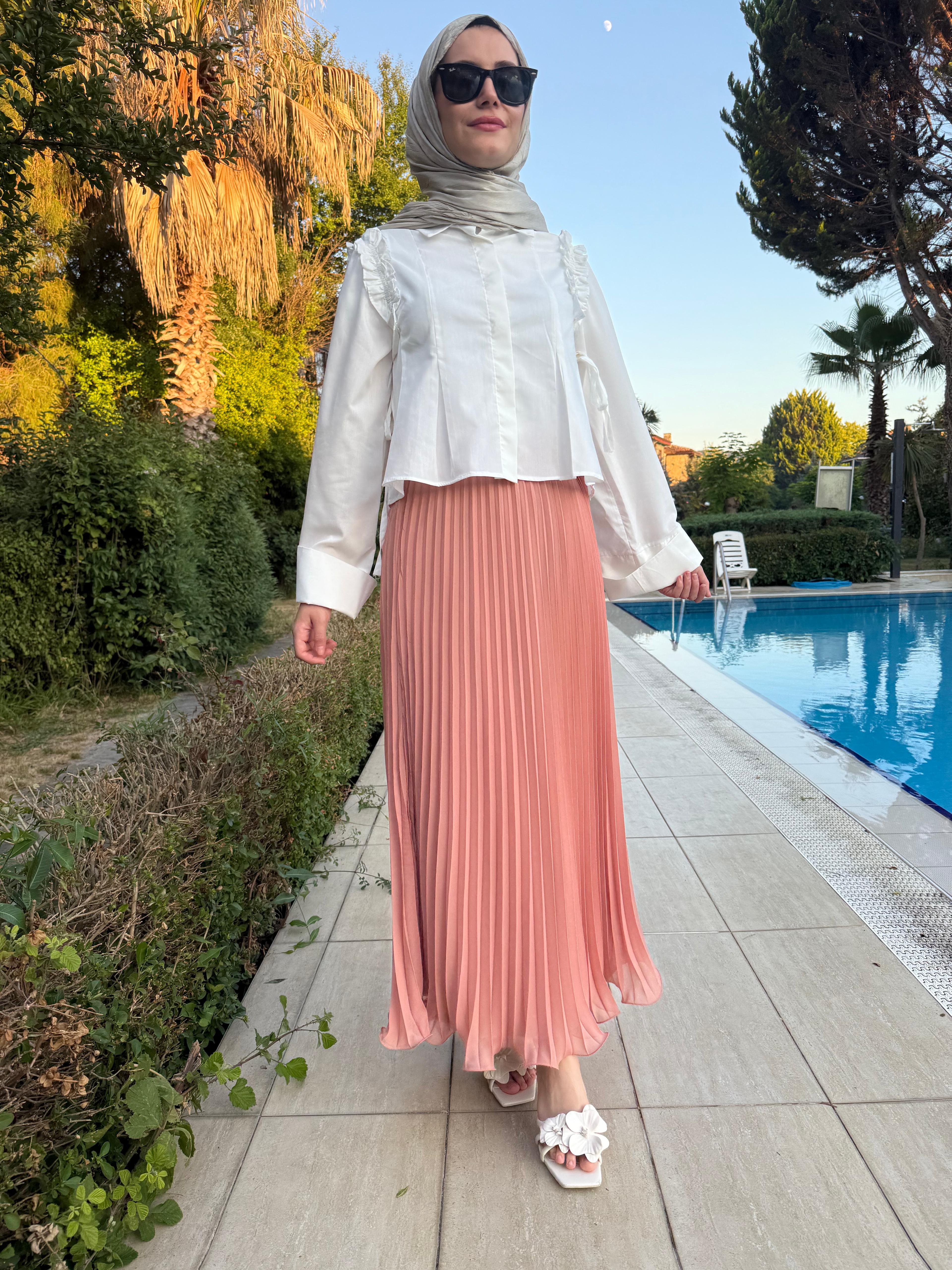 Pudra Pembe Uzun Şifon Etek
