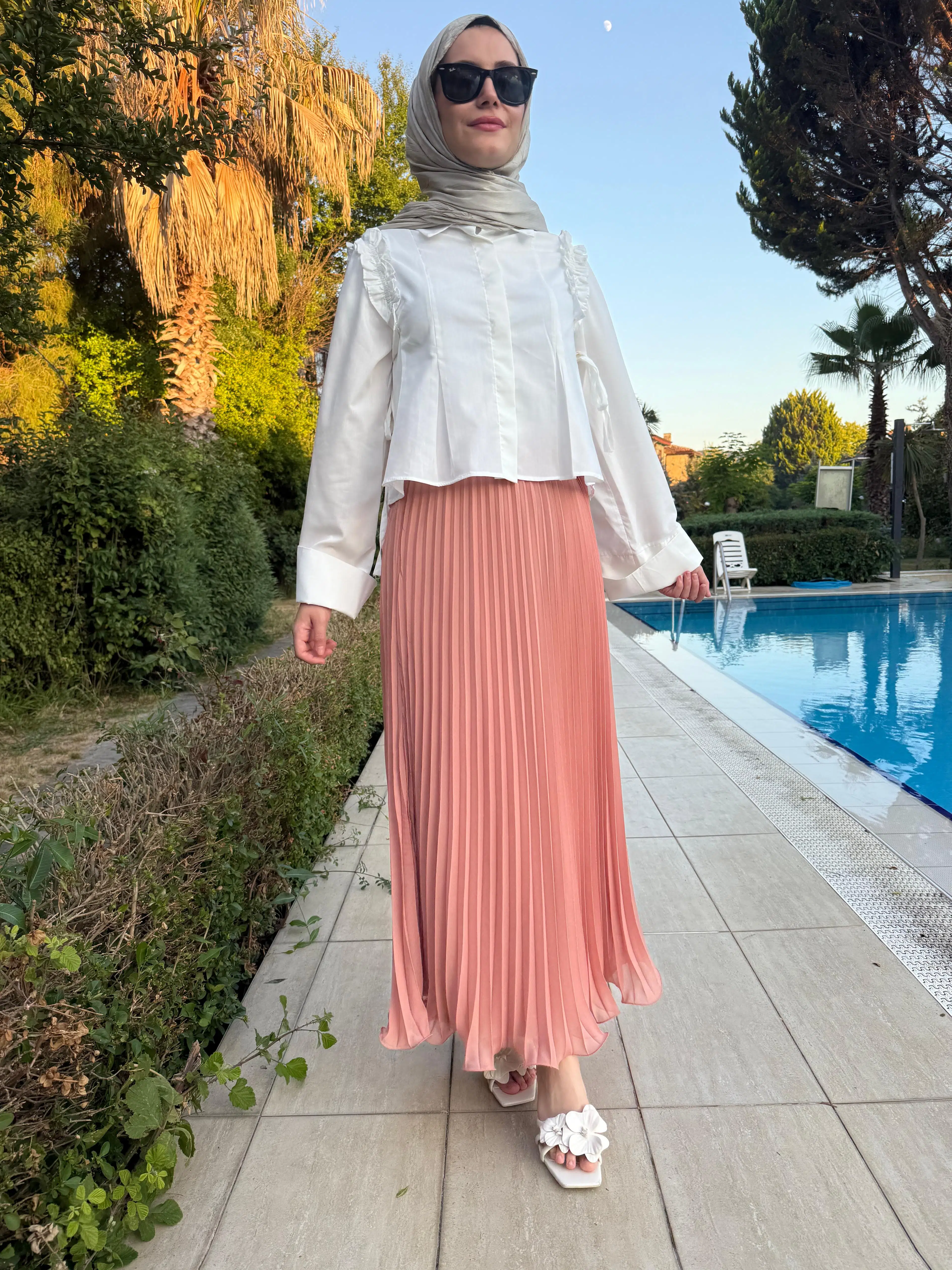 Pudra Pembe Uzun Şifon Etek