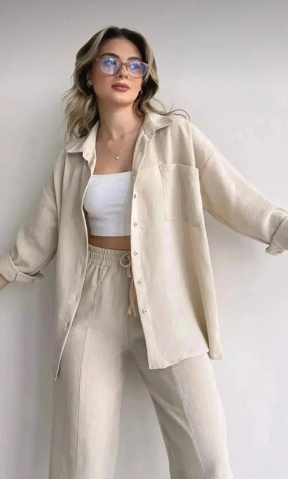 Bej Keten Gömlek Alt Üst Takım