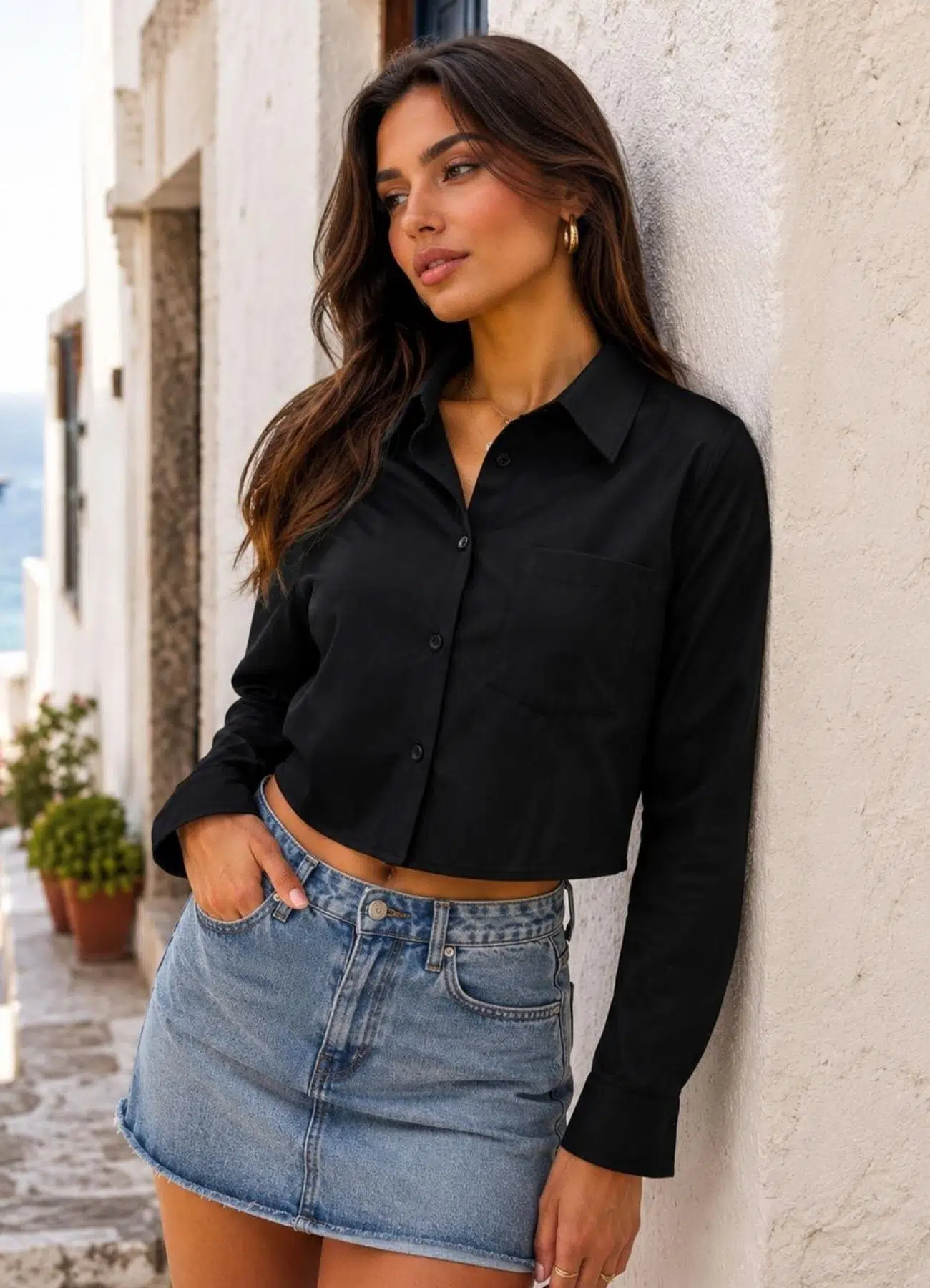 Siyah Kısa Crop Gömlek