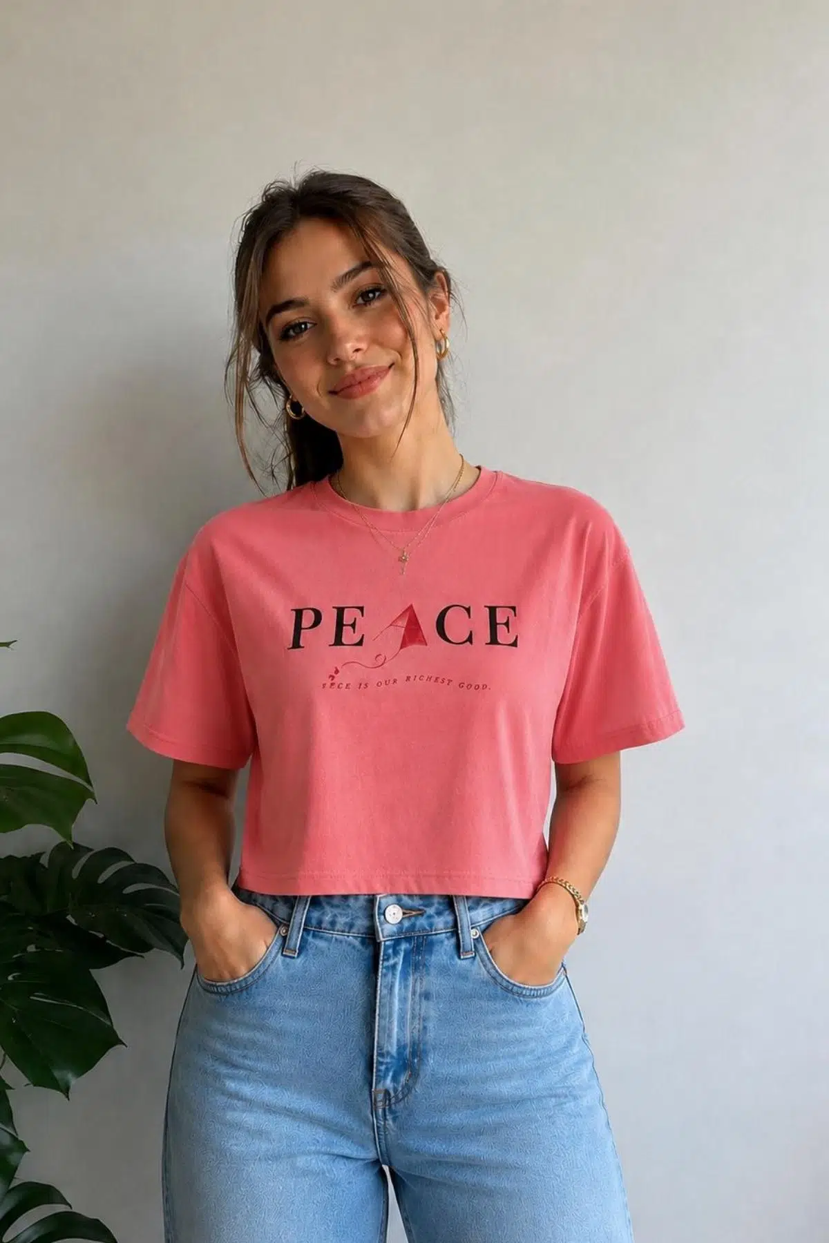 Yumuşak Dokunuşlu Crop Kısa Baskılı T-shirt - Pembe