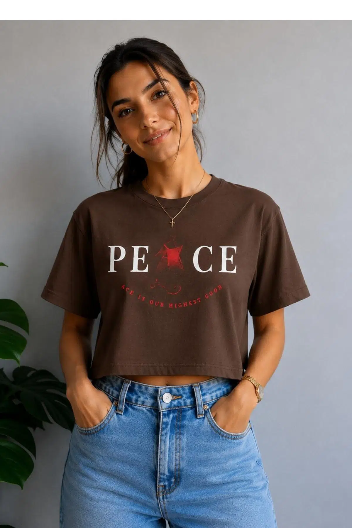 Yumuşak Dokunuşlu Crop Kısa Baskılı T-shirt - Kahverengi