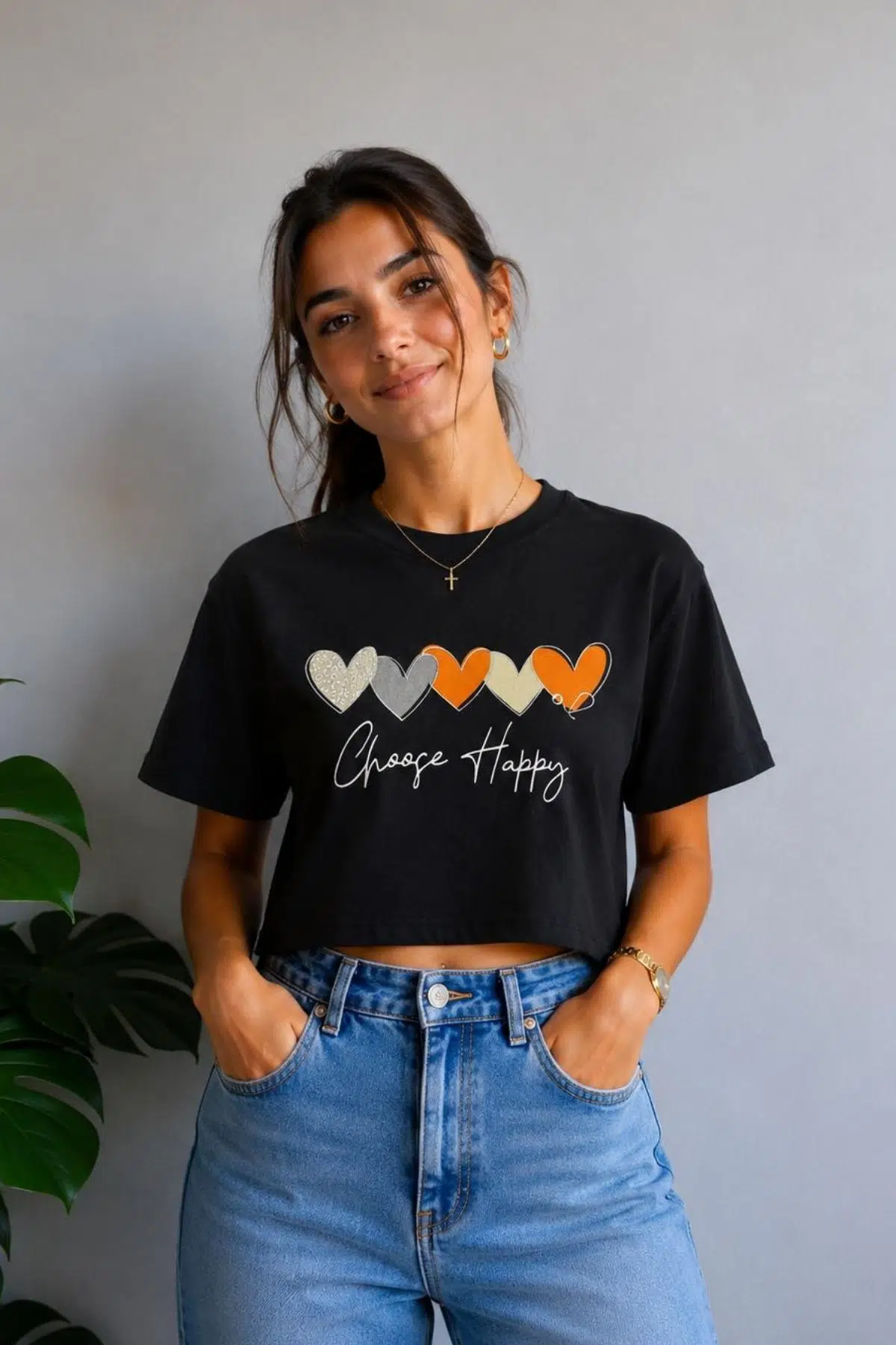 Yumuşak Dokunuşlu Crop Kısa Baskılı T-shirt - Siyah